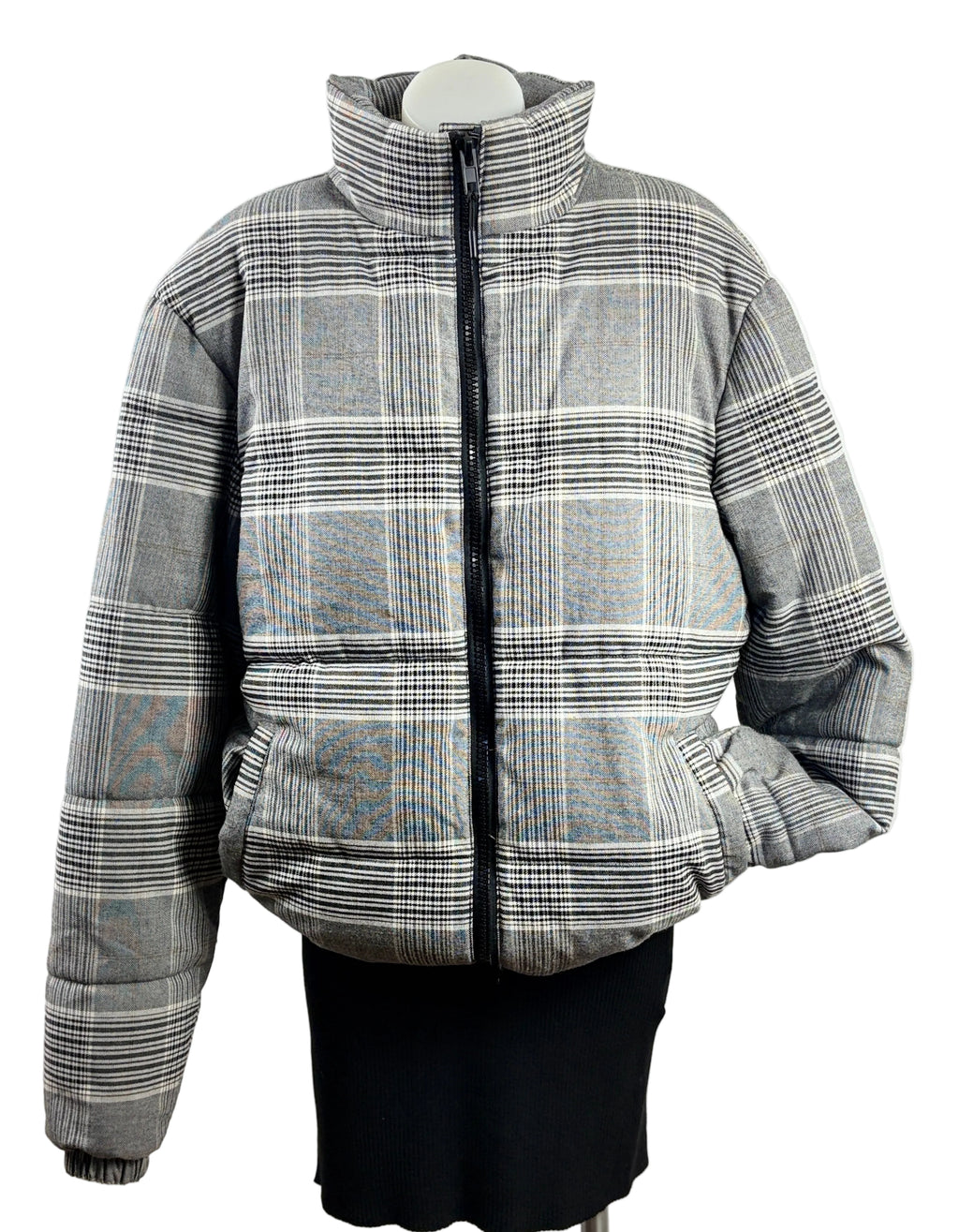 Cotton On | Oversized Check Puffer Jacket | Grey Multi | Size S