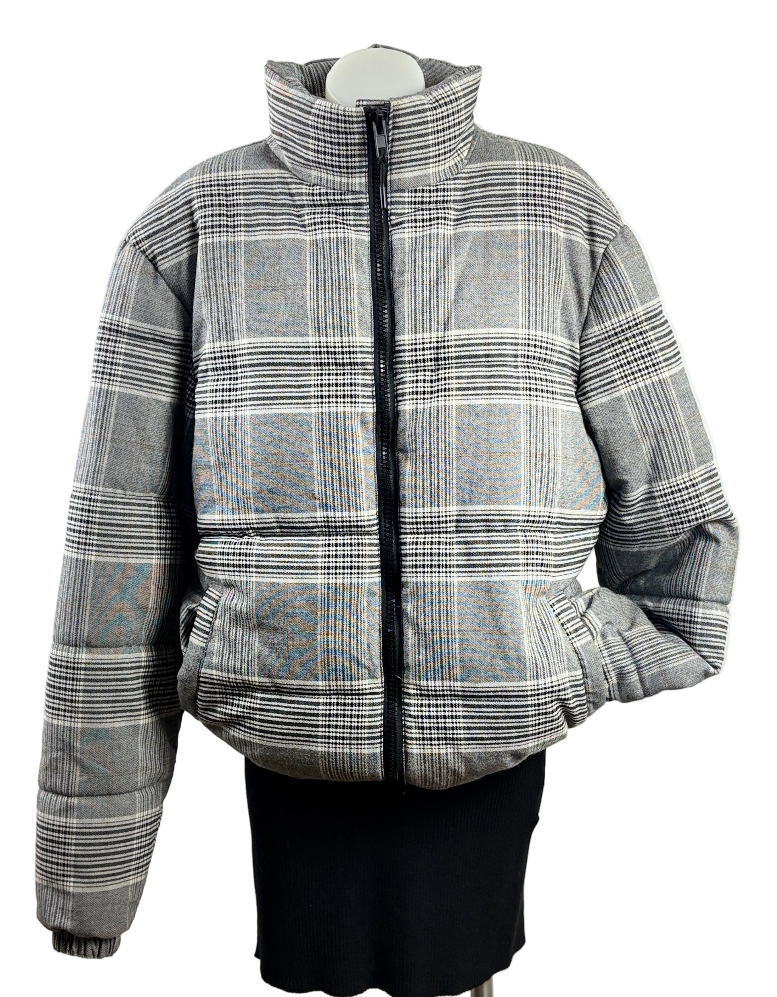 Cotton On | Oversized Check Puffer Jacket | Grey Multi | Size S