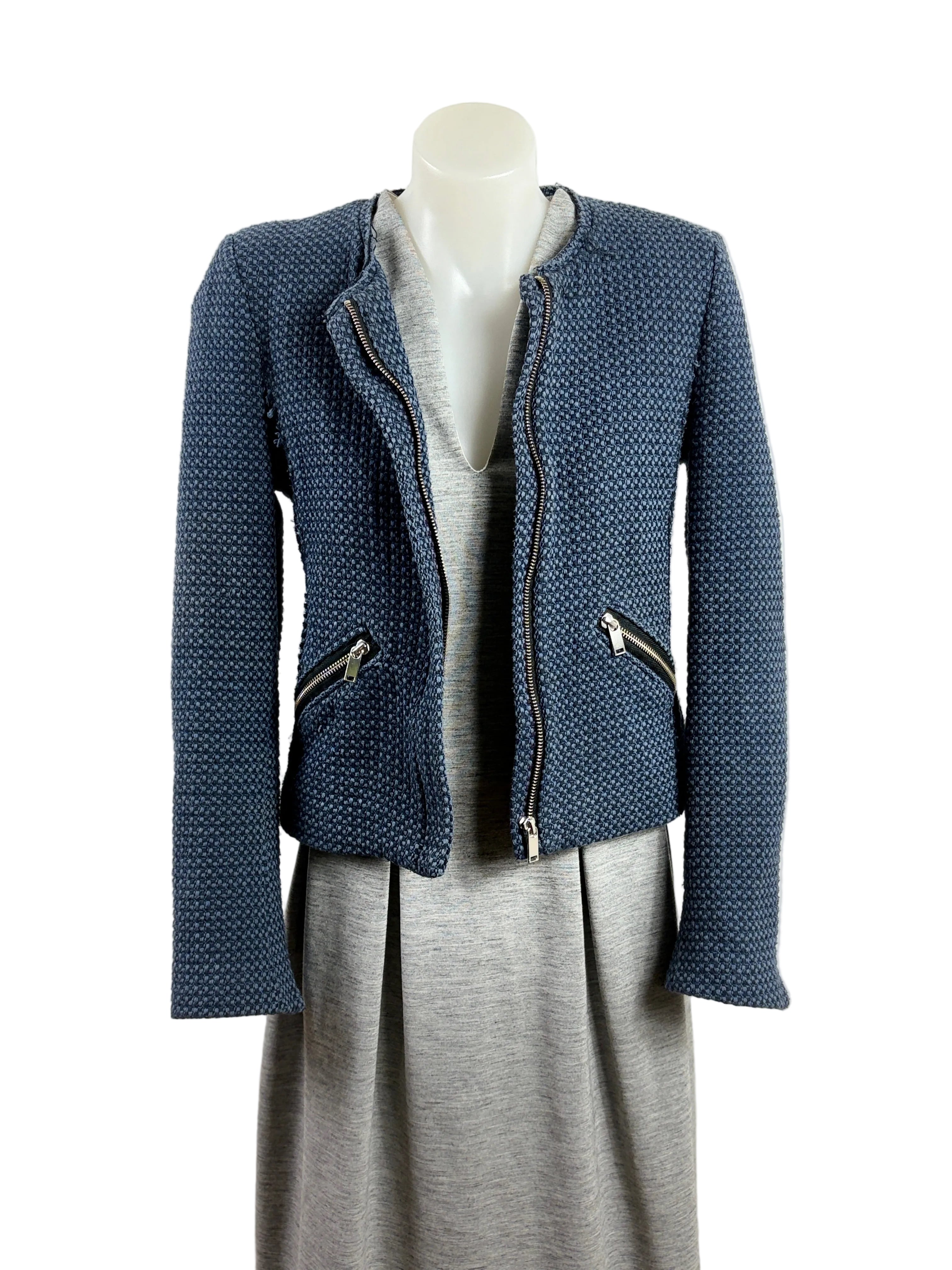 Zara | Collarless Basketweave Tweed Jacket | Navy | Size S
