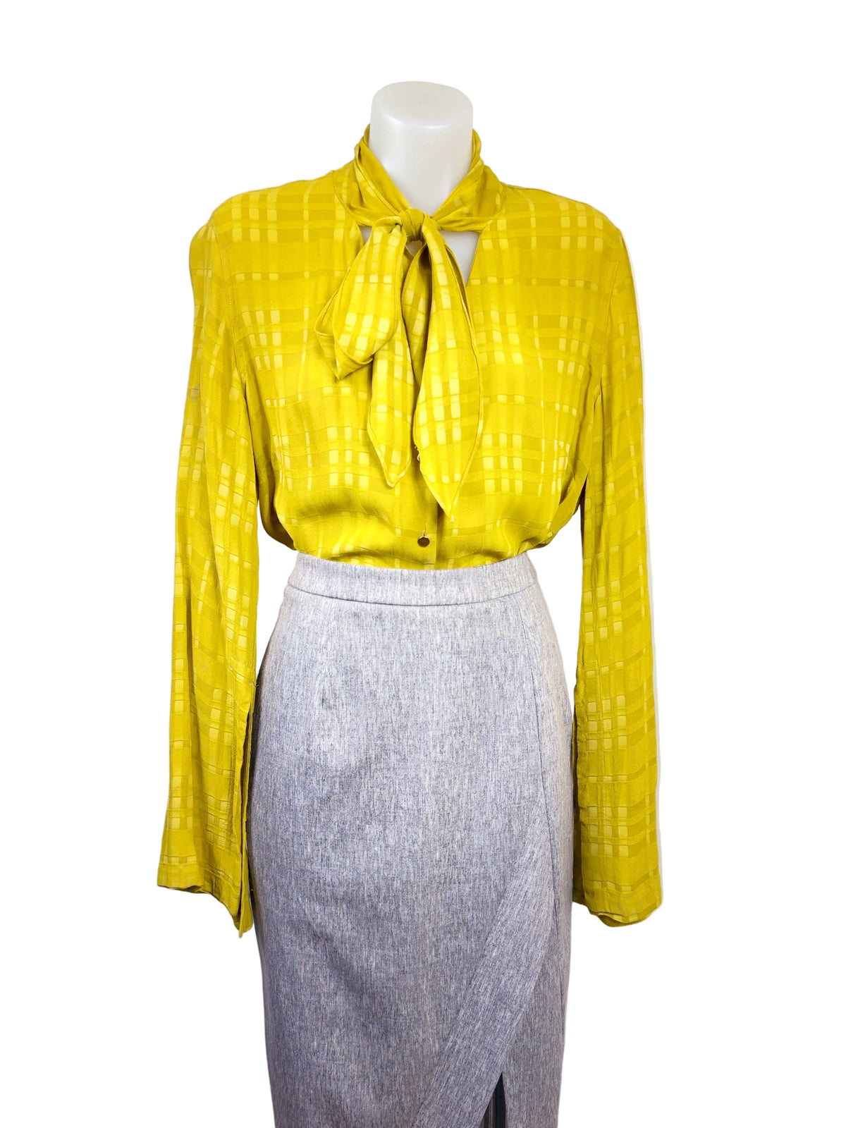 Sass & Bide Jacquard Pussy Bow Blouse in chartreuse yellow, size 8 – preloved at Second Signature