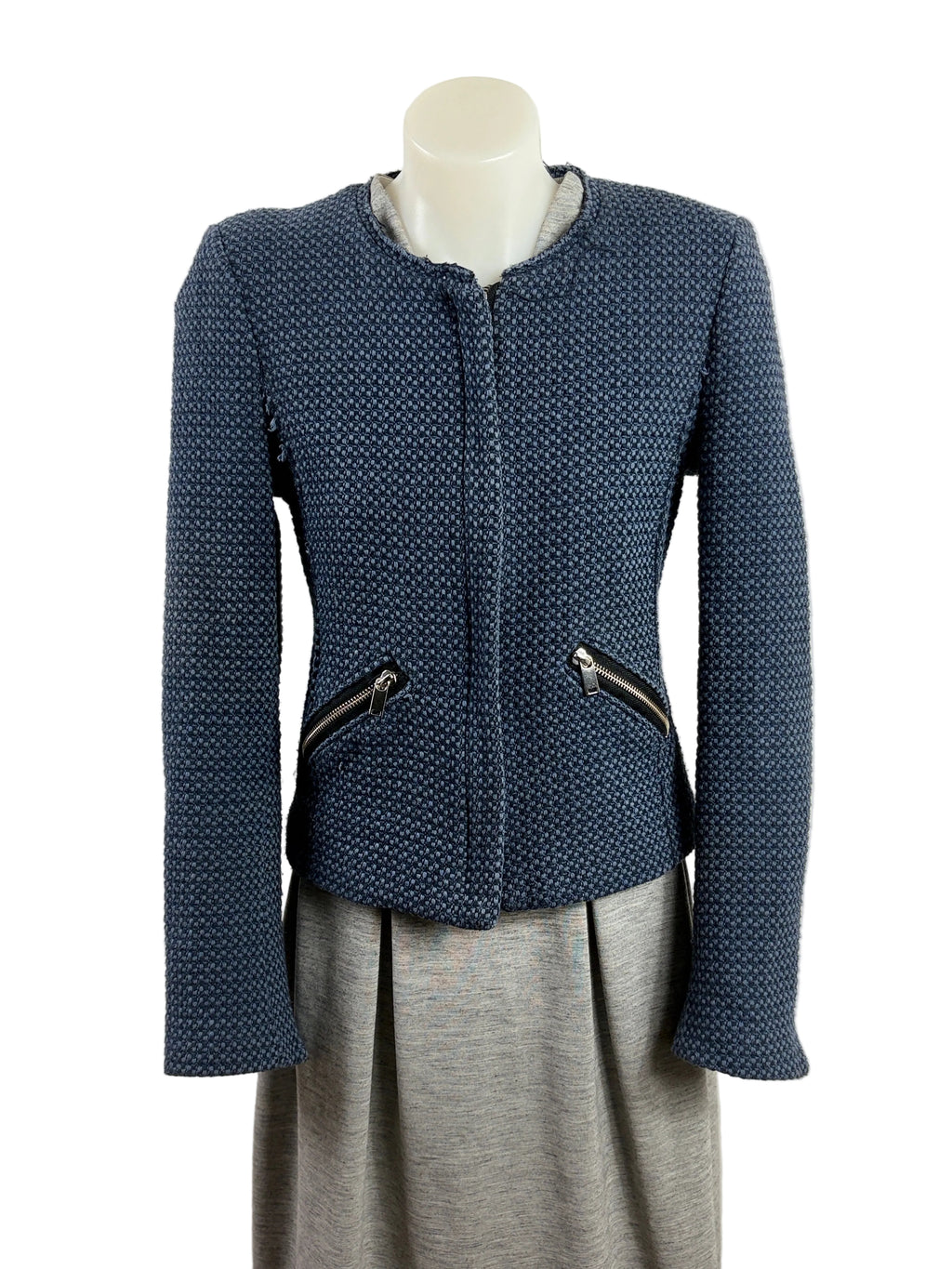 Zara | Collarless Basketweave Tweed Jacket | Navy | Size S