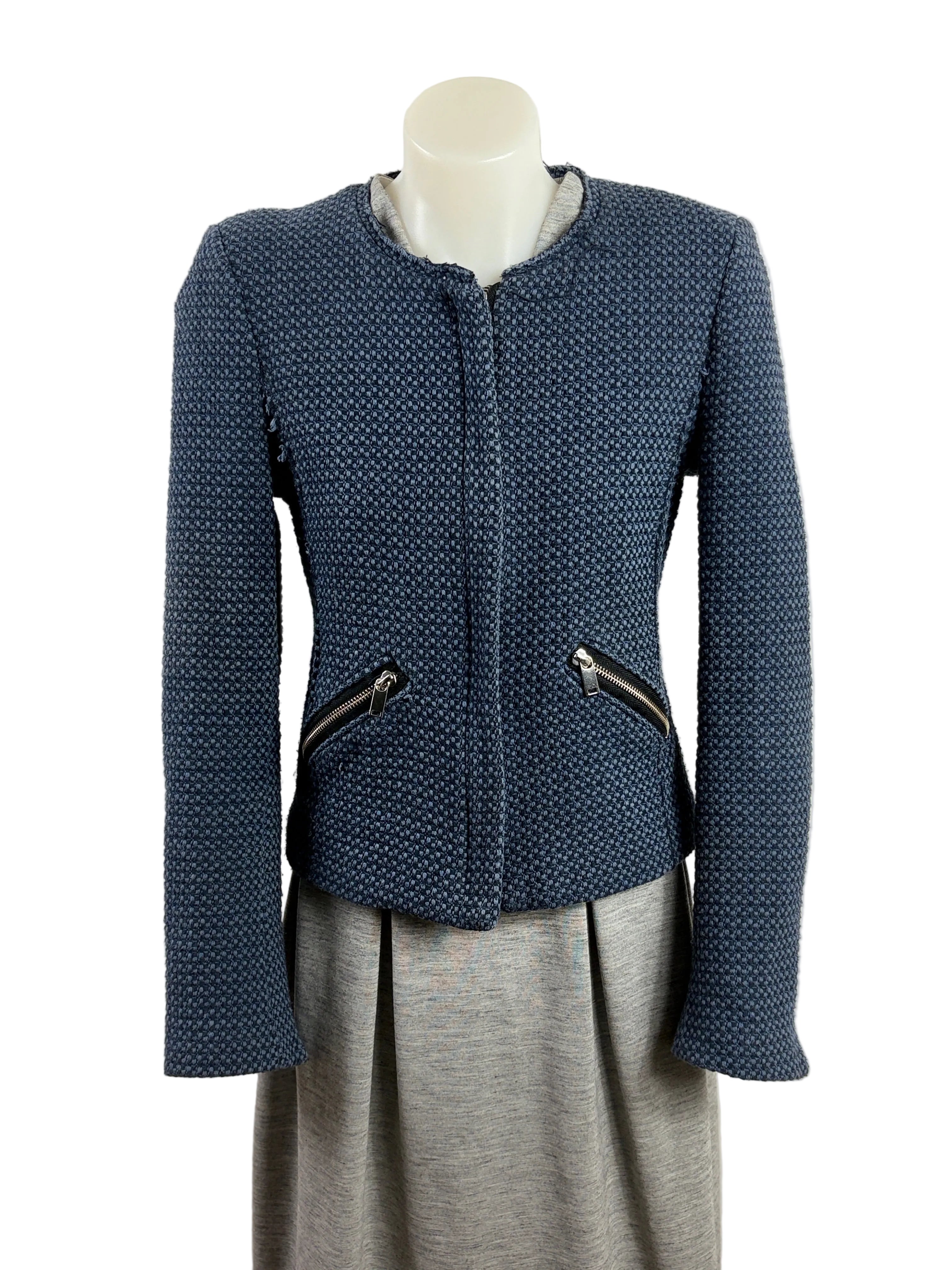 Zara | Collarless Basketweave Tweed Jacket | Navy | Size S