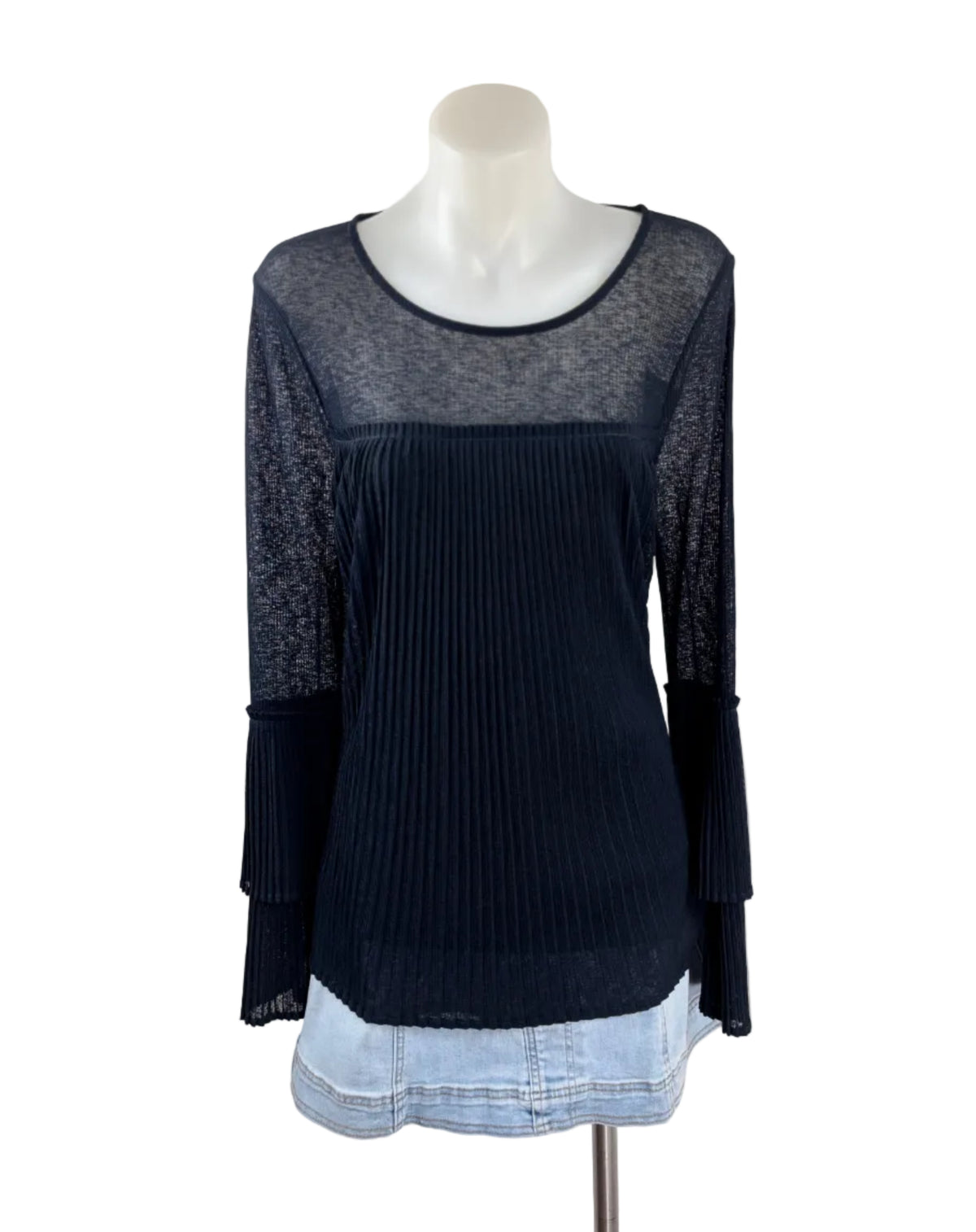 Witchery Pleated Sheer-Yoke Blouse in navy, size S – preloved at Second Signature