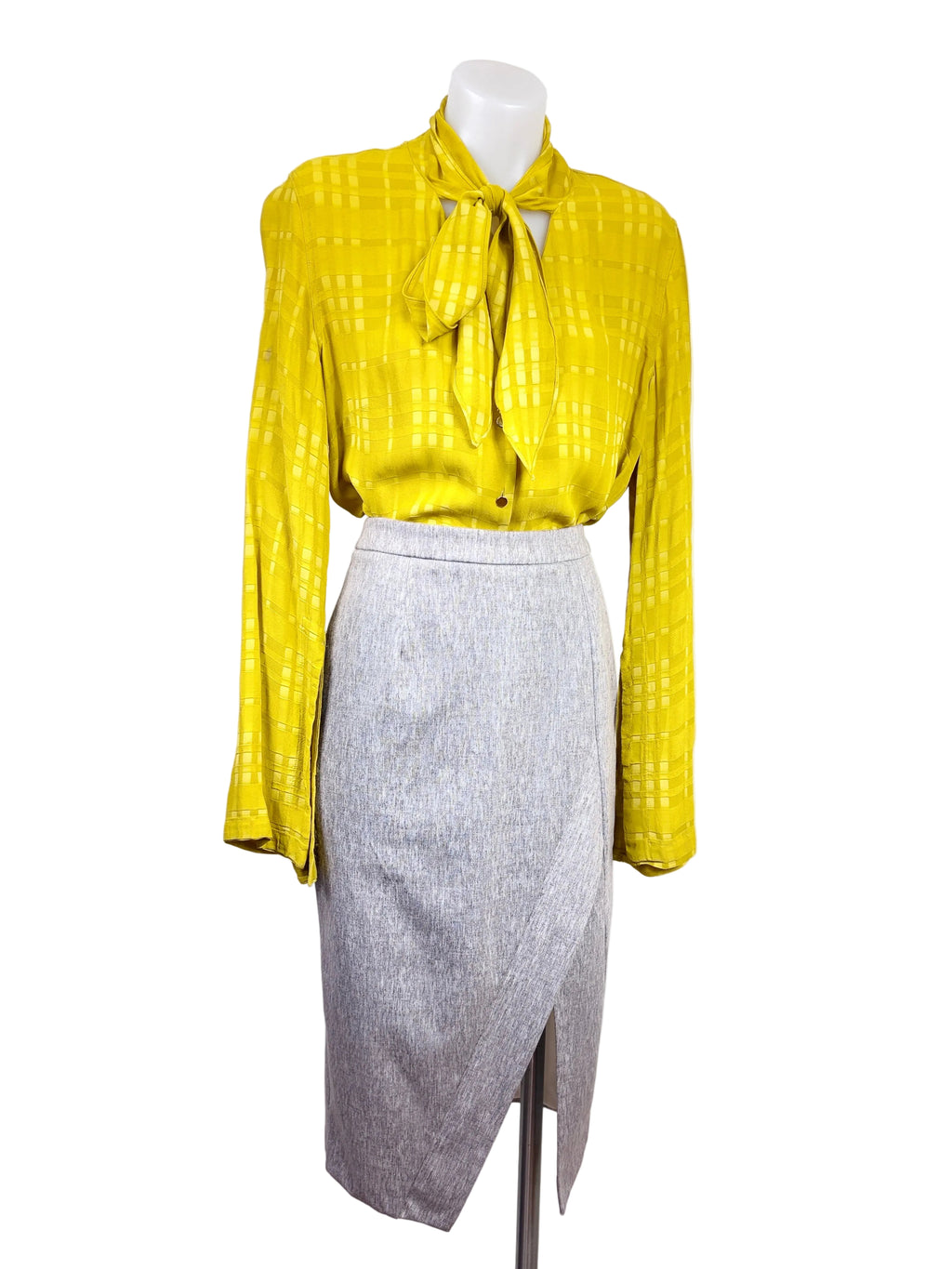 Seduce Asymmetric Wrap-Front Pencil Skirt styled with Sass & Bide Jacquard Pussy Bow Blouse