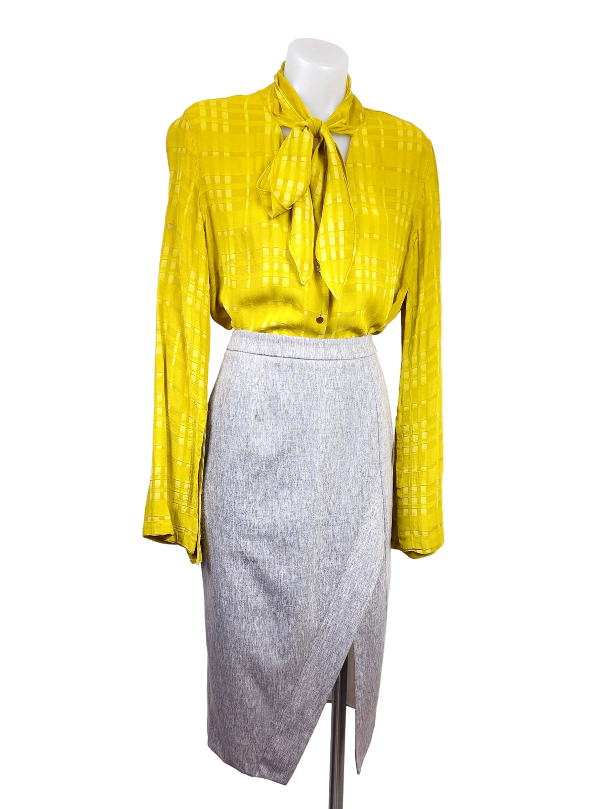 Seduce Asymmetric Wrap-Front Pencil Skirt styled with Sass & Bide Jacquard Pussy Bow Blouse