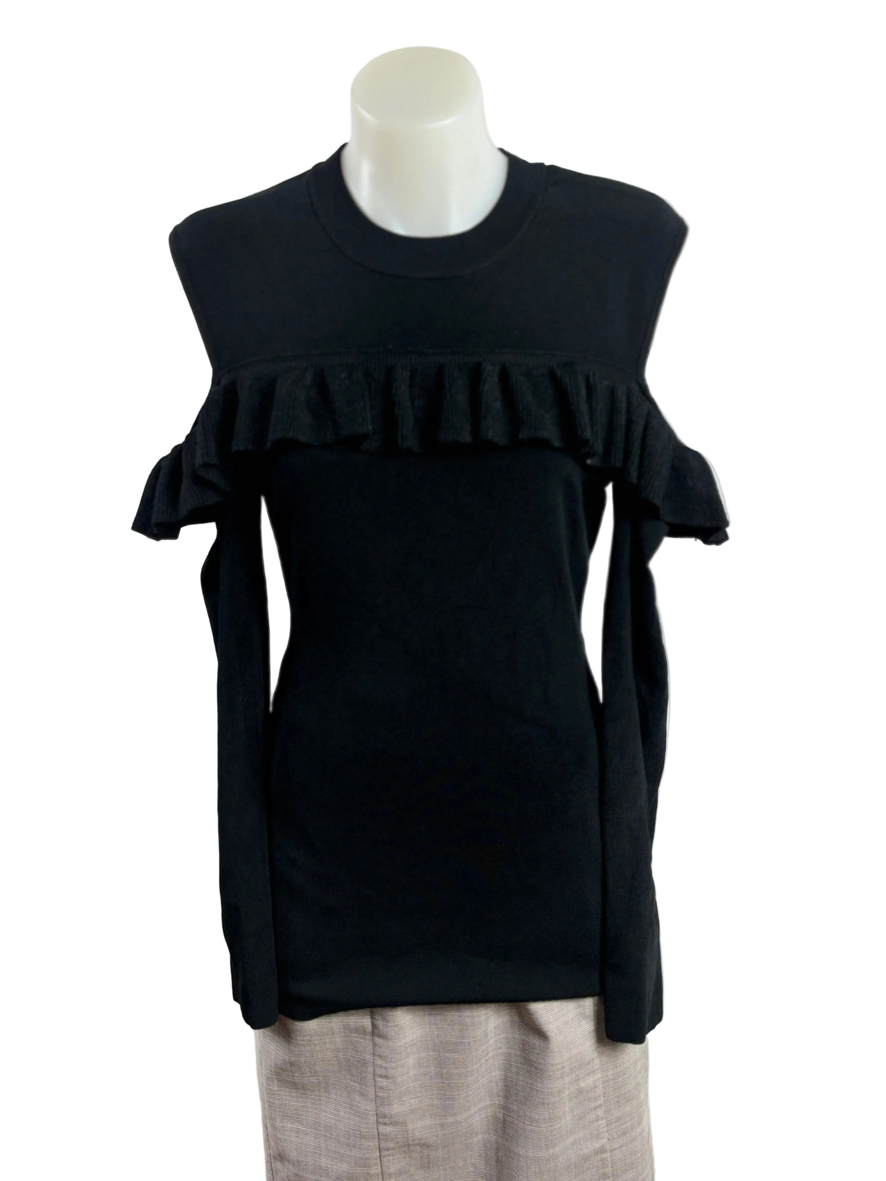 Seed Heritage | Ruffle-Trim Cold-Shoulder Knit Top | Black | Size M