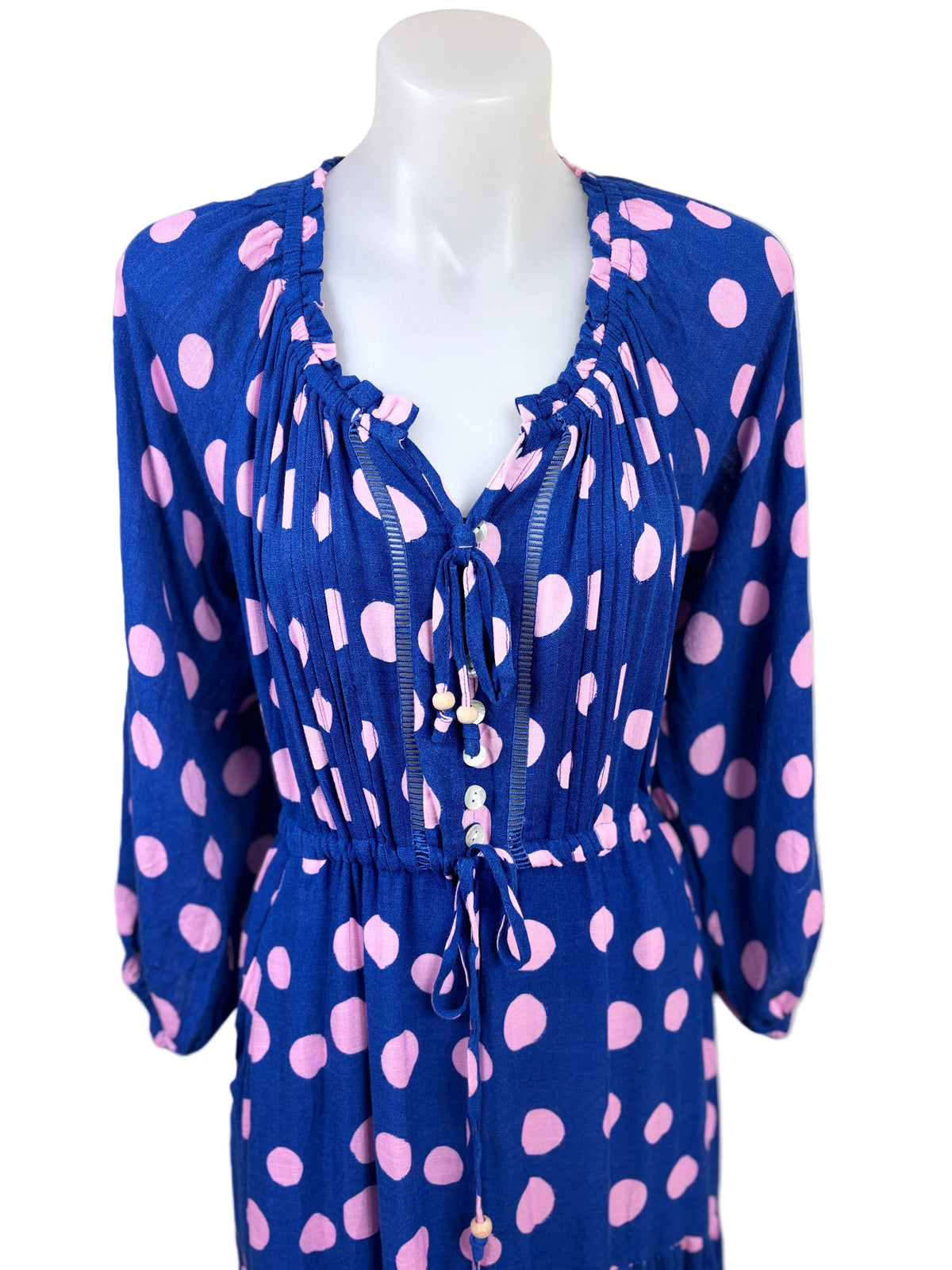 Salty Bright Polka Dot Tiered Midi Dress in navy & pink – view 2 of 5