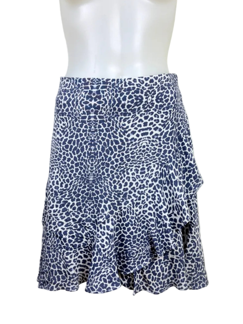 Dotti Leopard Print Ruffle Mini Skirt in navy & white, size 8 – new at Second Signature