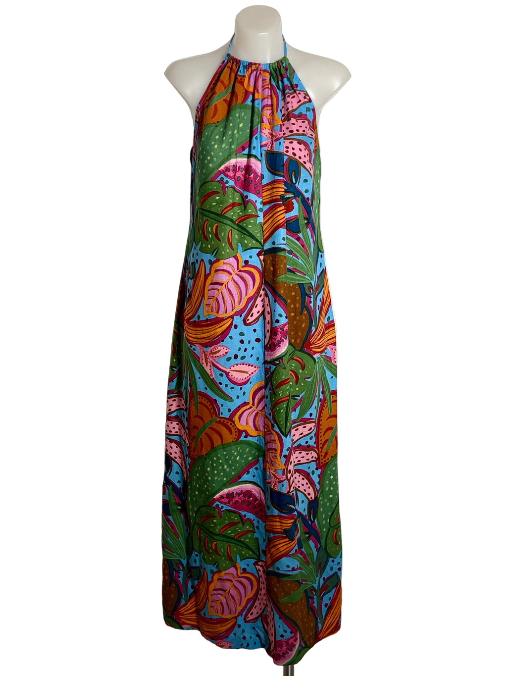 Sportsgirl Tropical Print Halter Maxi Dress in multicolour, size 14 – preloved at Second Signature