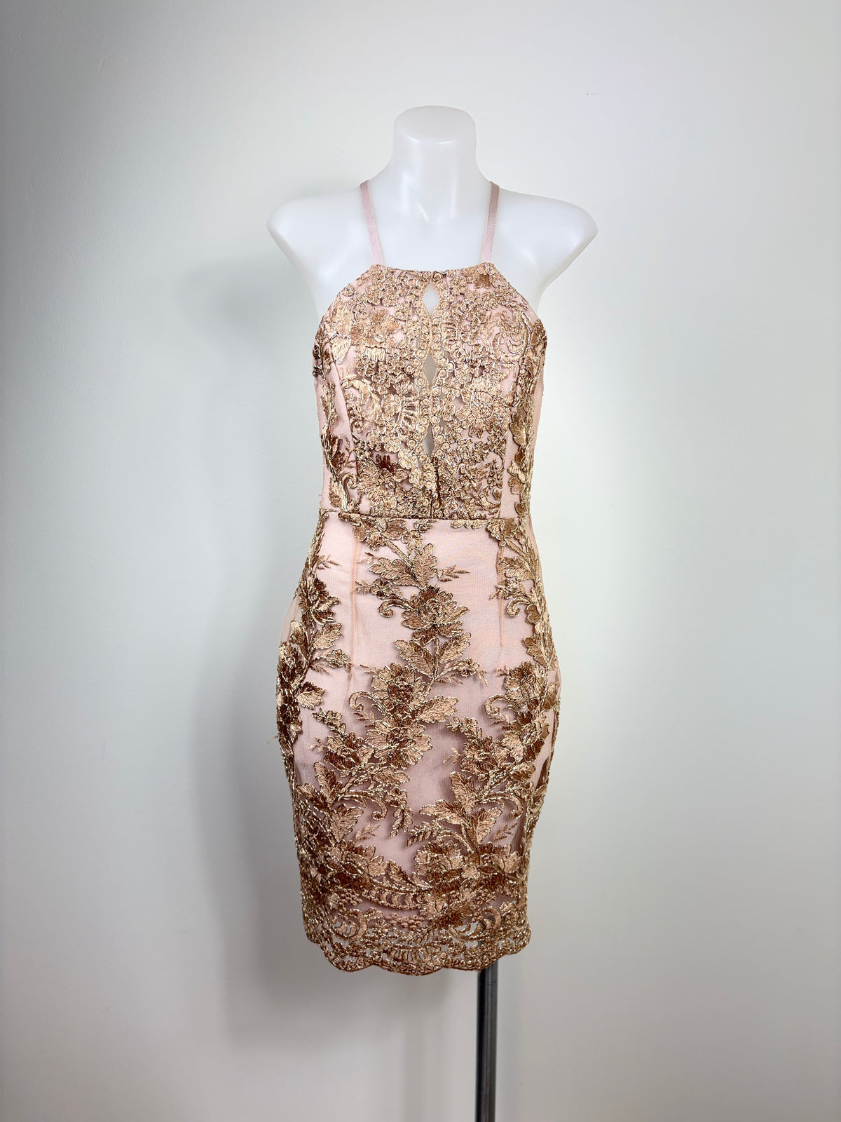 BCBG Max Azria | Metallic Floral Embroidered Lace Sheath Dress | Blush & Gold | Size S
