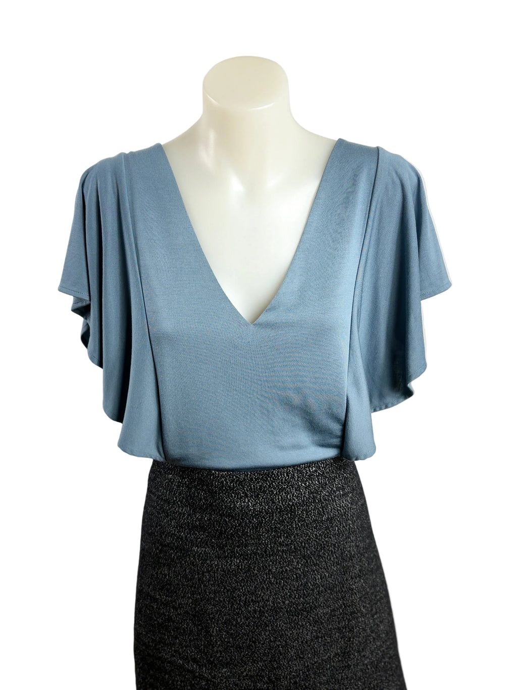Witchery | Draped V-Neck Flutter Sleeve Top | Dusty Blue | Size S