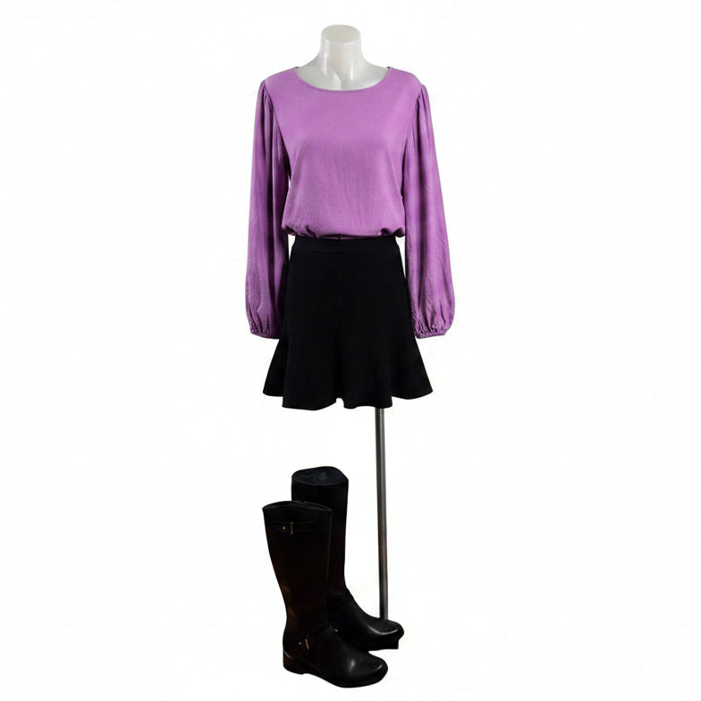 Purple Cropped Balloon Sleeved Linen Blend Top