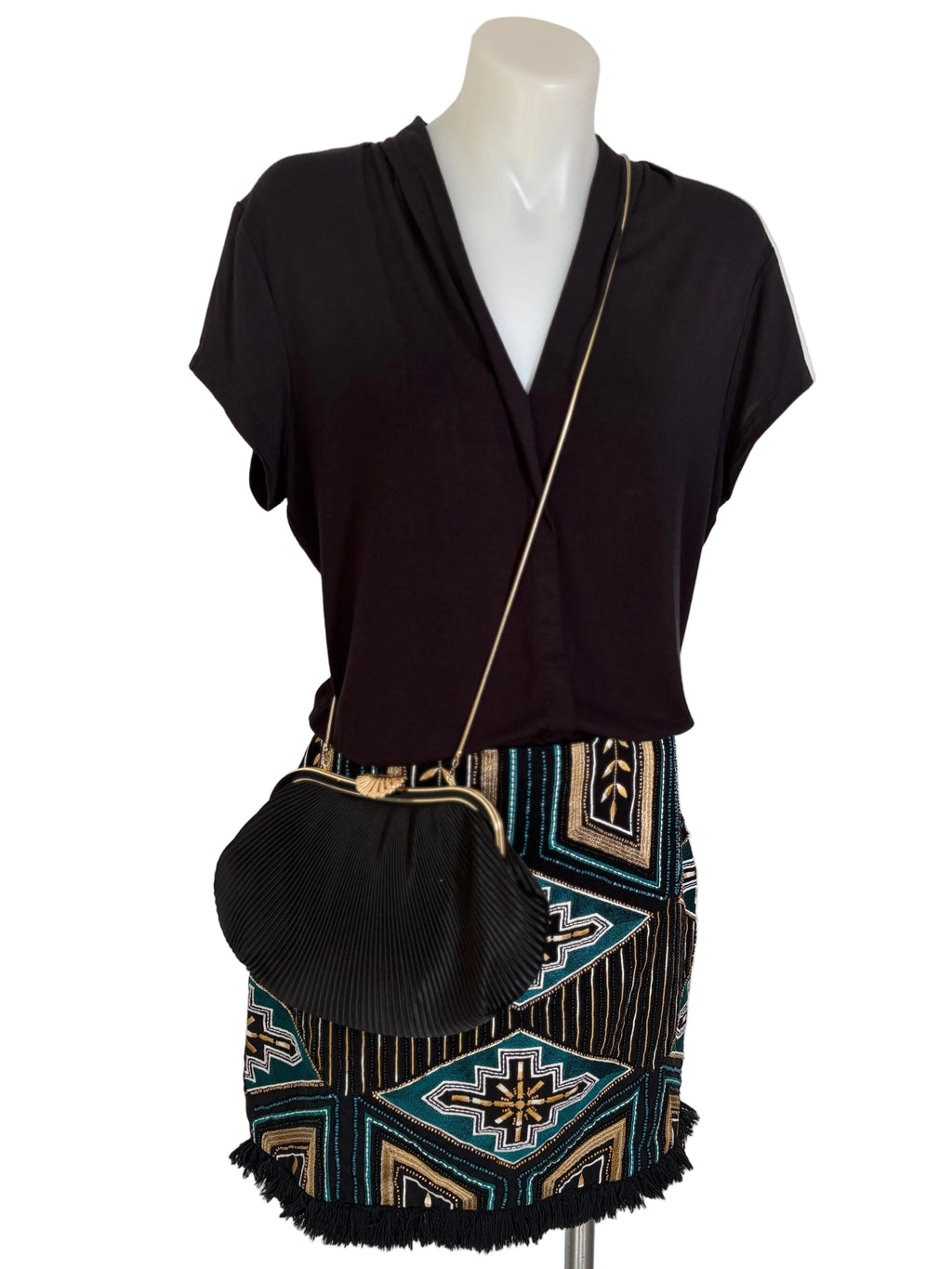 H&M Beaded Embroidered Fringe Mini Skirt in black, teal & gold – view 2 of 7