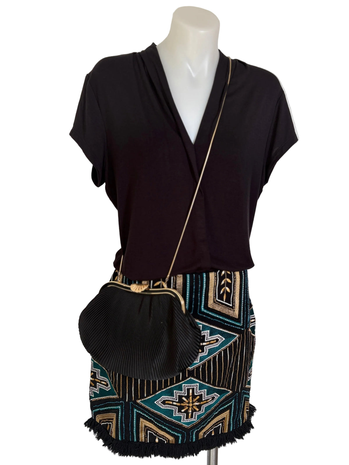 H&M Beaded Embroidered Fringe Mini Skirt in black, teal & gold – view 2 of 7