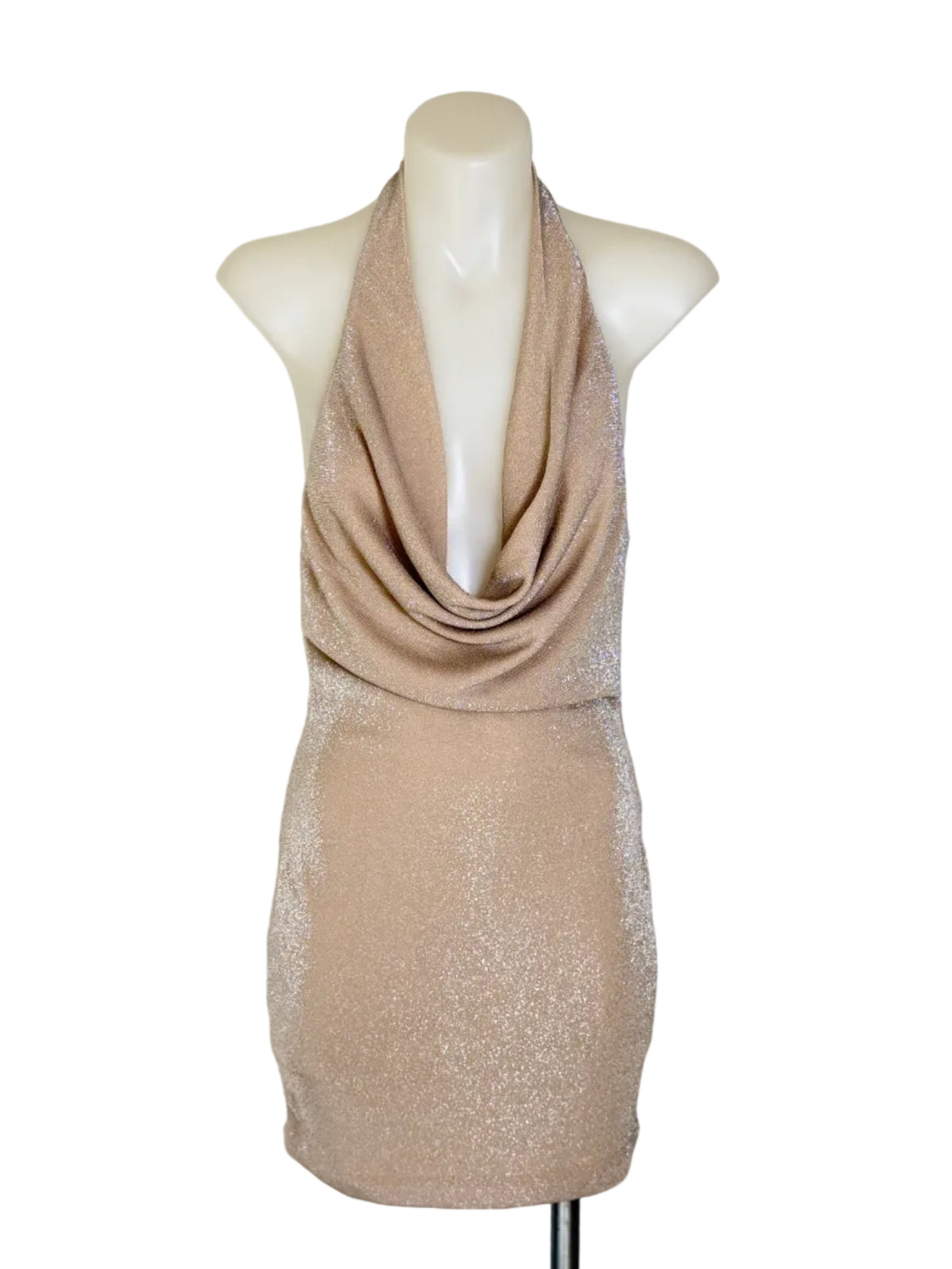 Luvalot Metallic Cowl Halter Mini Dress in rose gold, size 8 – new at Second Signature