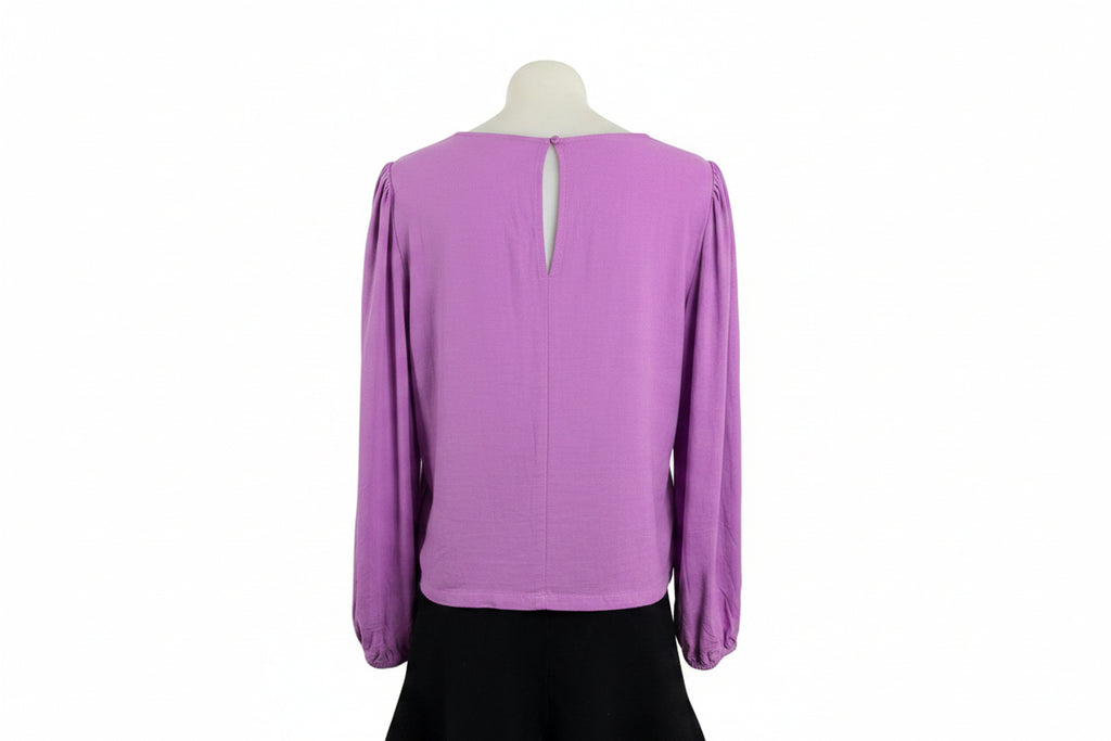 Purple Cropped Balloon Sleeved Linen Blend Top