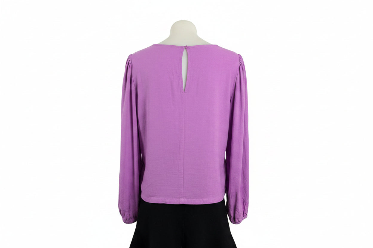 Purple Cropped Balloon Sleeved Linen Blend Top