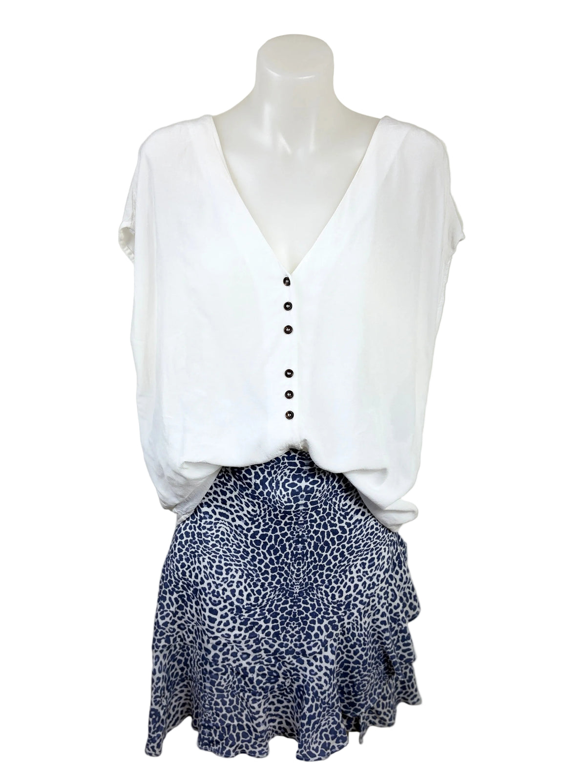 Witchery Button-Front Sleeveless Top styled with Dotti Leopard Print Ruffle Mini Skirt