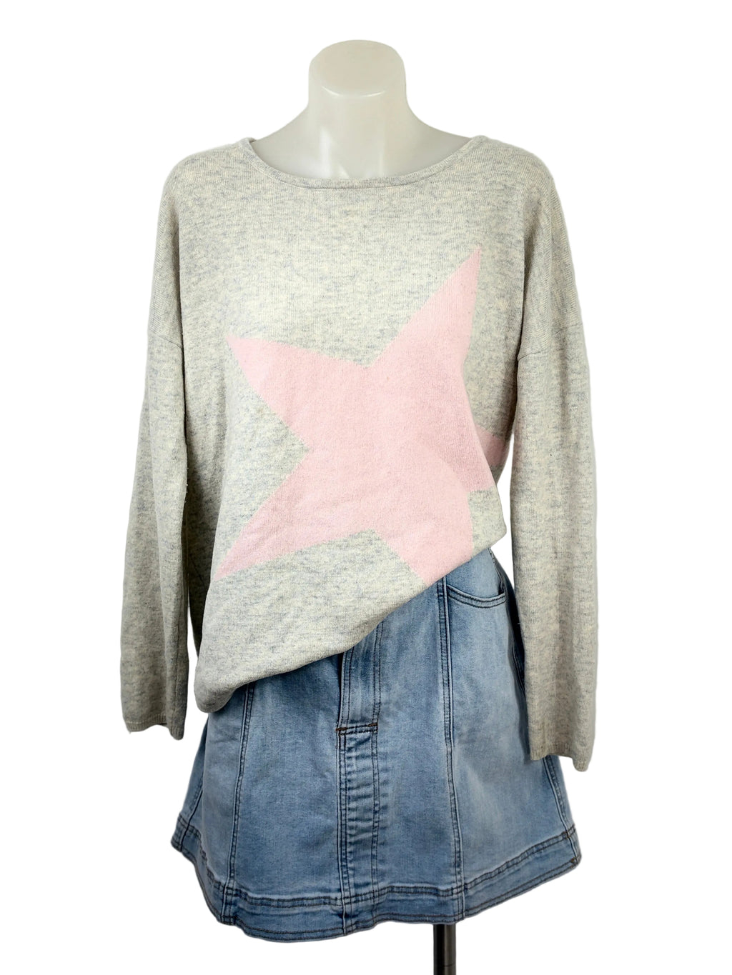 Ali Cashmere Star Jumper — Grey Marle & Blush Pink - Size S
