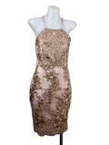 BCBG Max Azria | Metallic Floral Embroidered Lace Sheath Dress | Blush & Gold | Size S