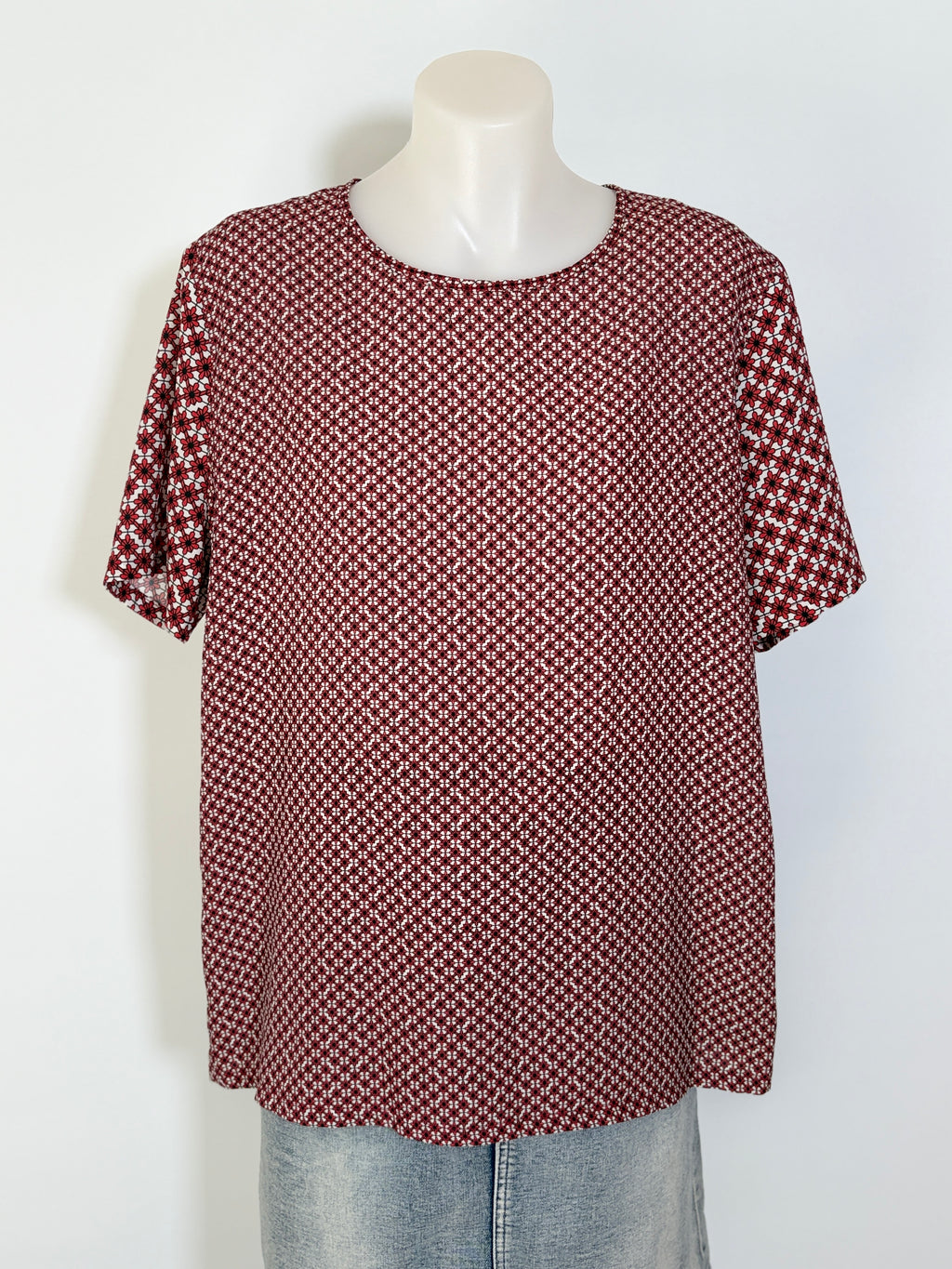 Bec + Bridge Geometric Print Boxy Top in burgundy & white – view 4 of 6