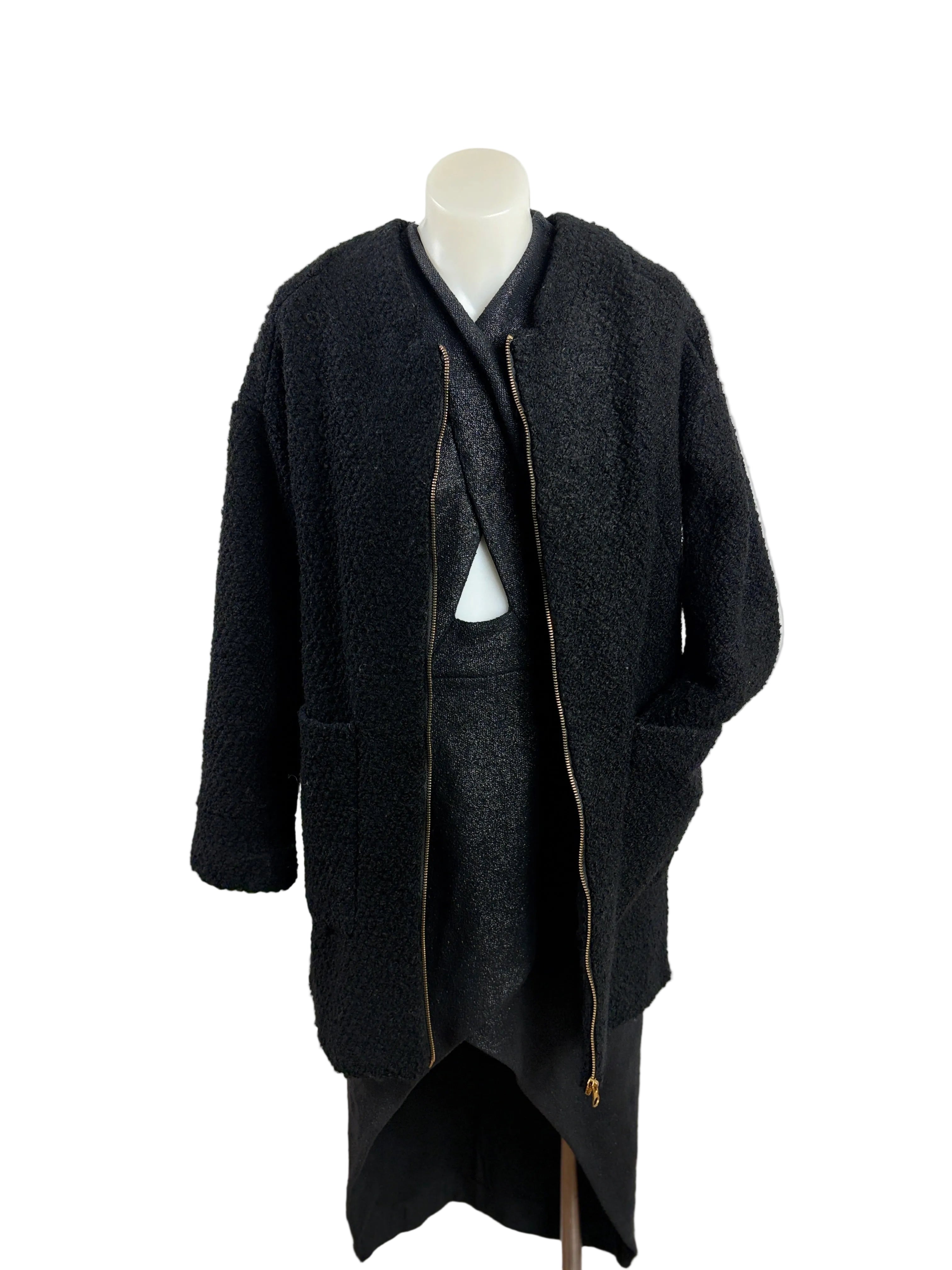 CMNC Woman | Collarless Boucle-Textured Coat | Black | Size S
