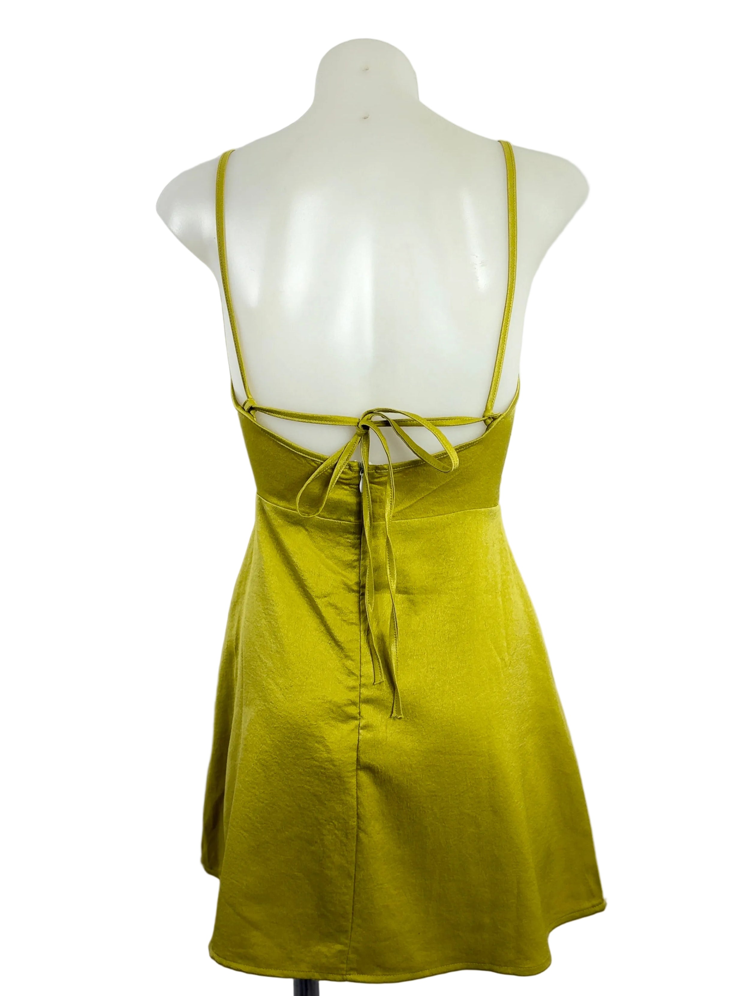 Eleanor | Chartreuse Satin Cowl-Neck Mini Dress | Tie-Back | Size XS