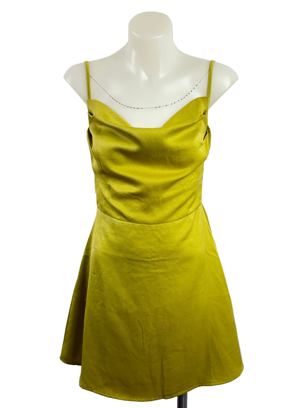 Eleanor | Chartreuse Satin Cowl-Neck Mini Dress | Tie-Back | Size XS