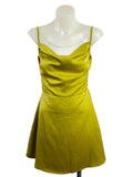 Eleanor | Chartreuse Satin Cowl-Neck Mini Dress | Tie-Back | Size XS