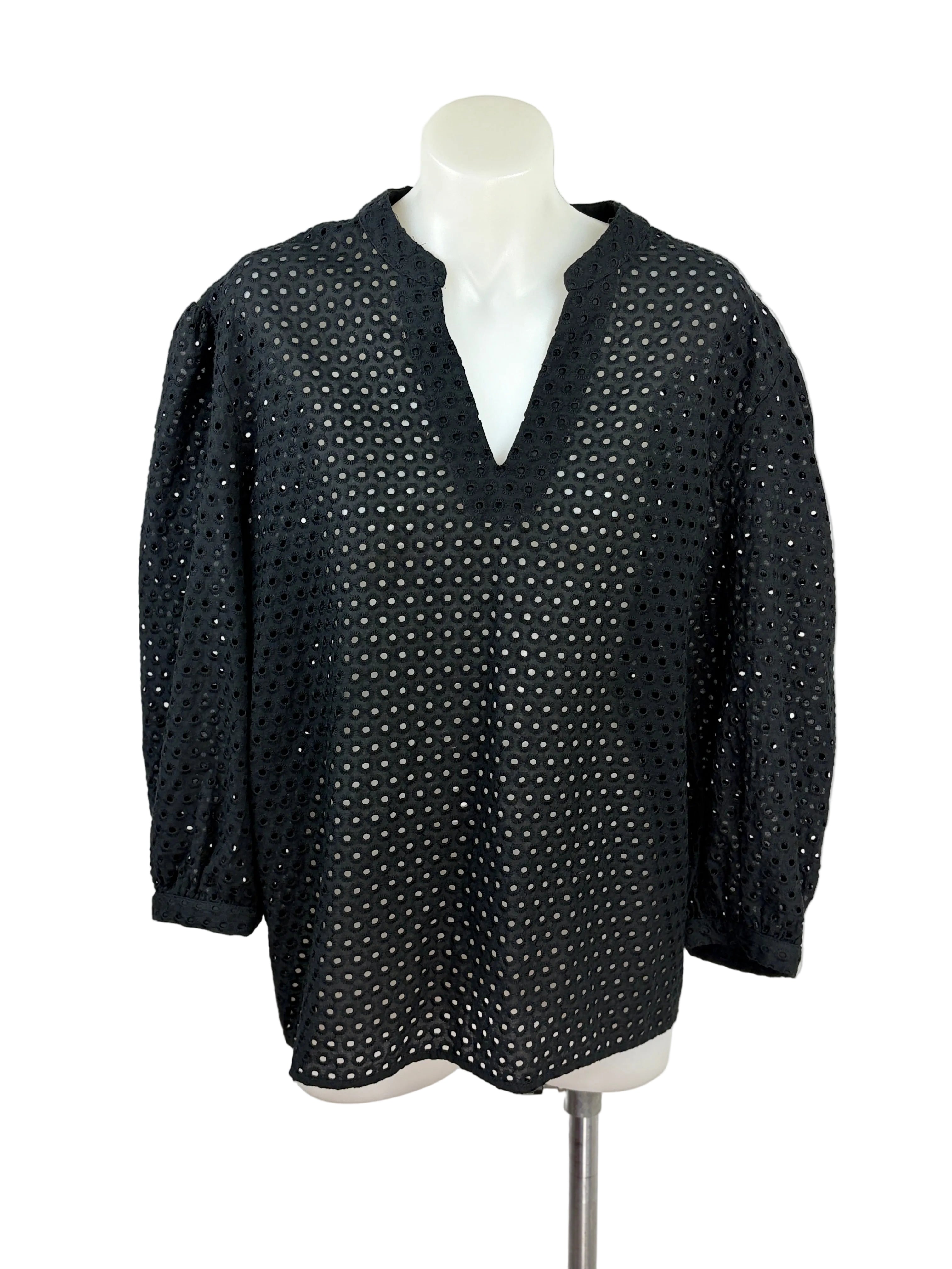 Seed | Broderie Anglaise Popover Top | Black | Size 12