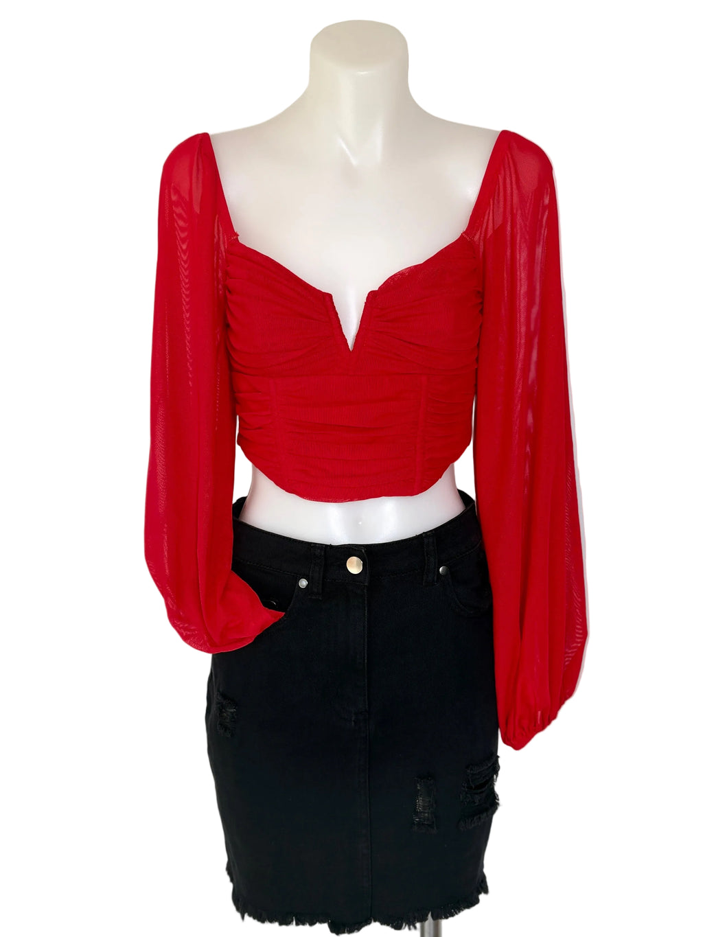 Ruby Sees Ruched Mesh Sweetheart Crop Structured Top – view 5 of 7