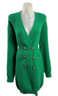 Miracle | Emerald Green Ribbed Knit Cardigan Dress | Double-Breasted Gold Buttons | Size M/L