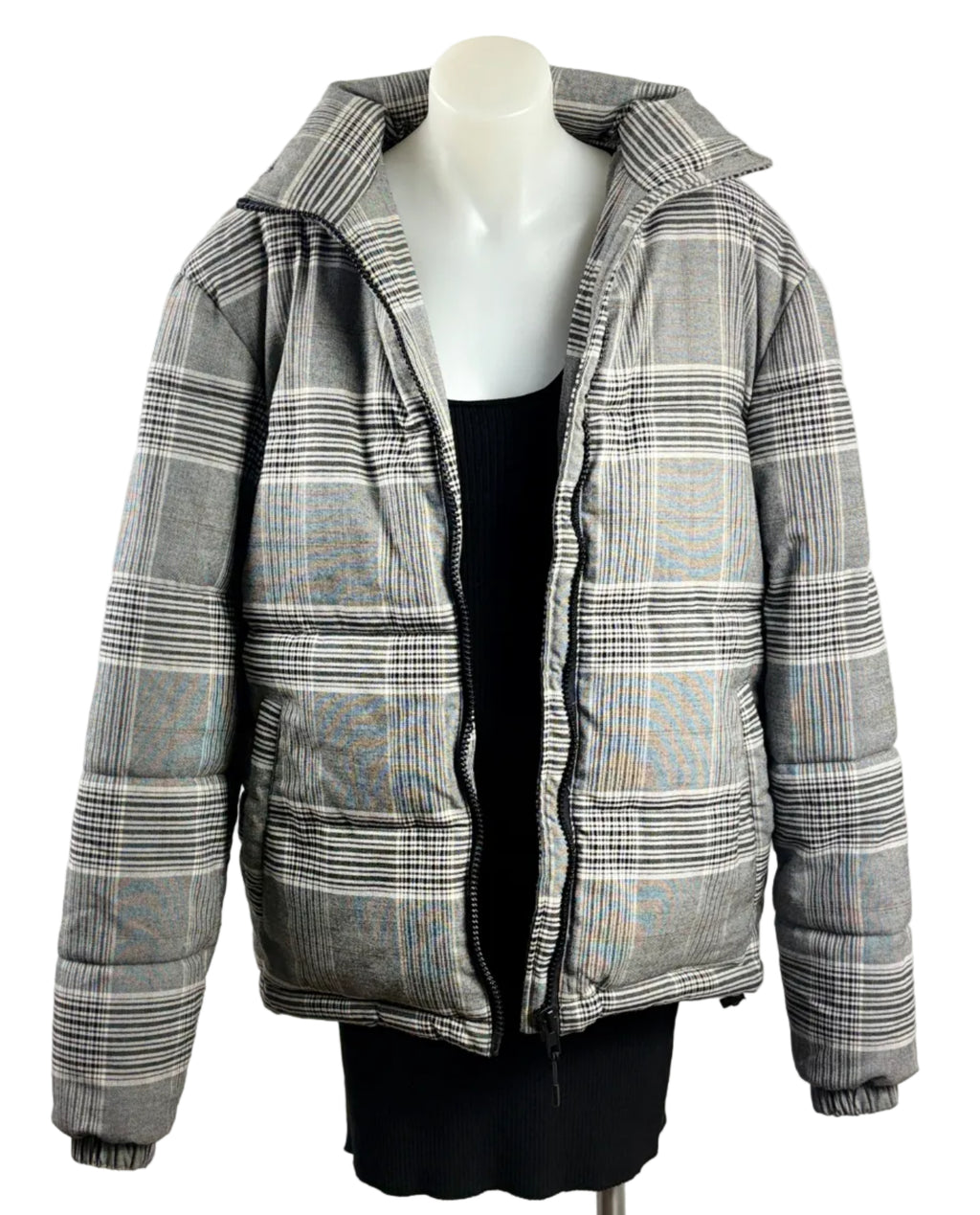 Cotton On | Oversized Check Puffer Jacket | Grey Multi | Size S