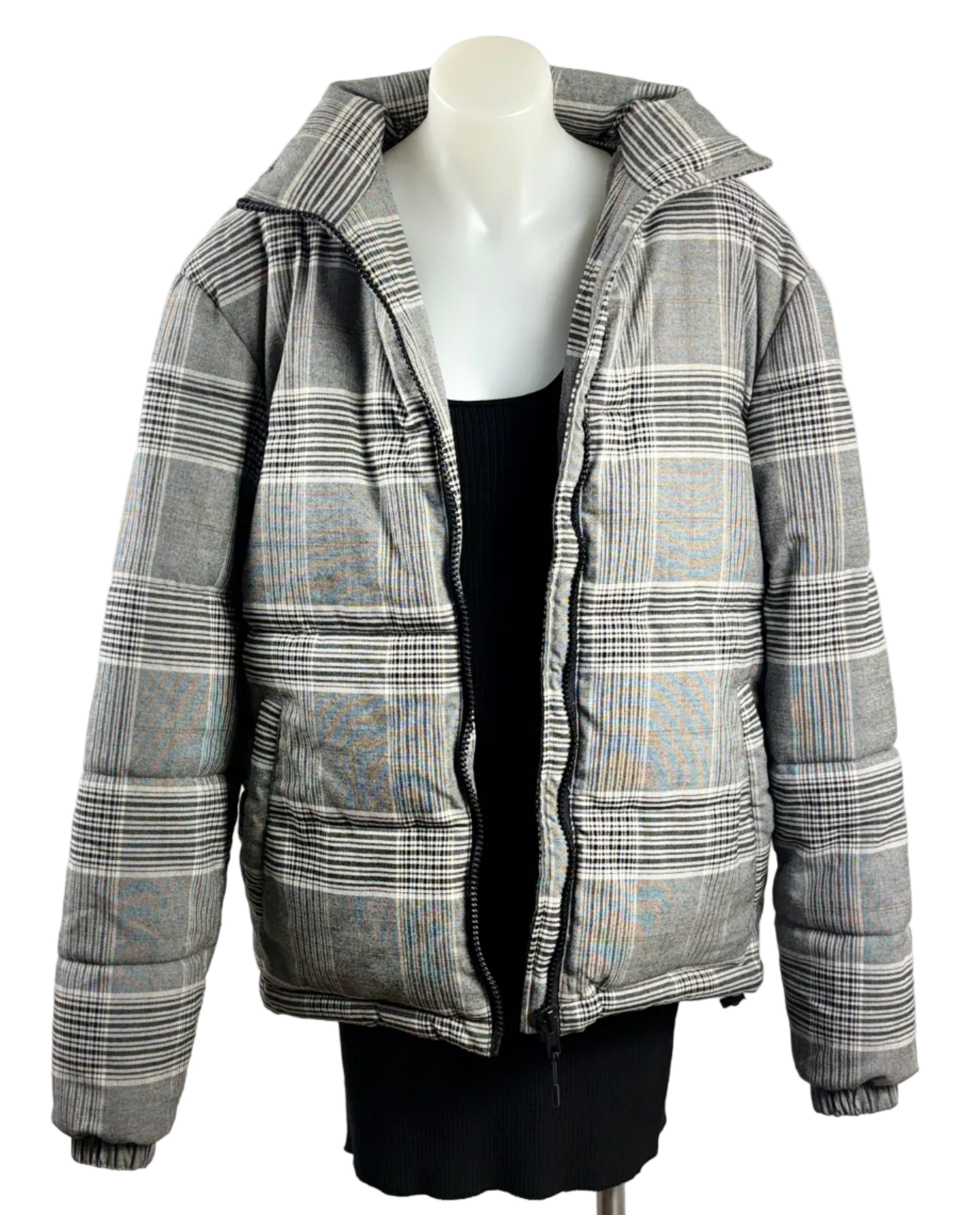 Cotton On | Oversized Check Puffer Jacket | Grey Multi | Size S