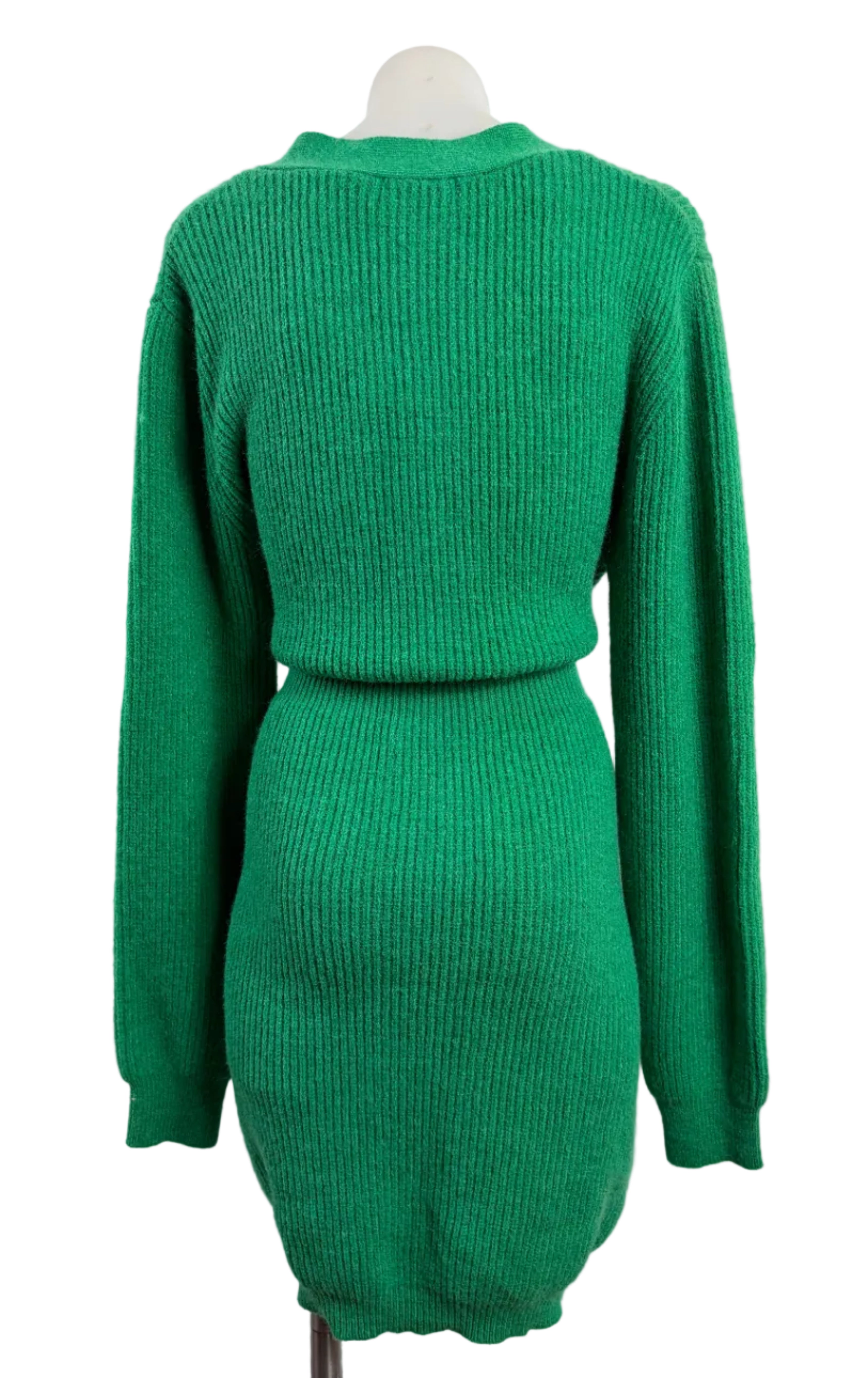 Miracle | Emerald Green Ribbed Knit Cardigan Dress | Double-Breasted Gold Buttons | Size M/L