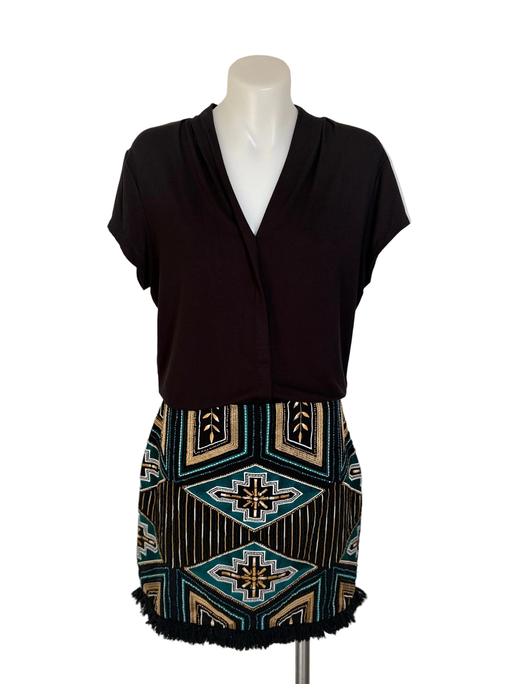 H&M Beaded Embroidered Fringe Mini Skirt in black, teal & gold – view 4 of 7