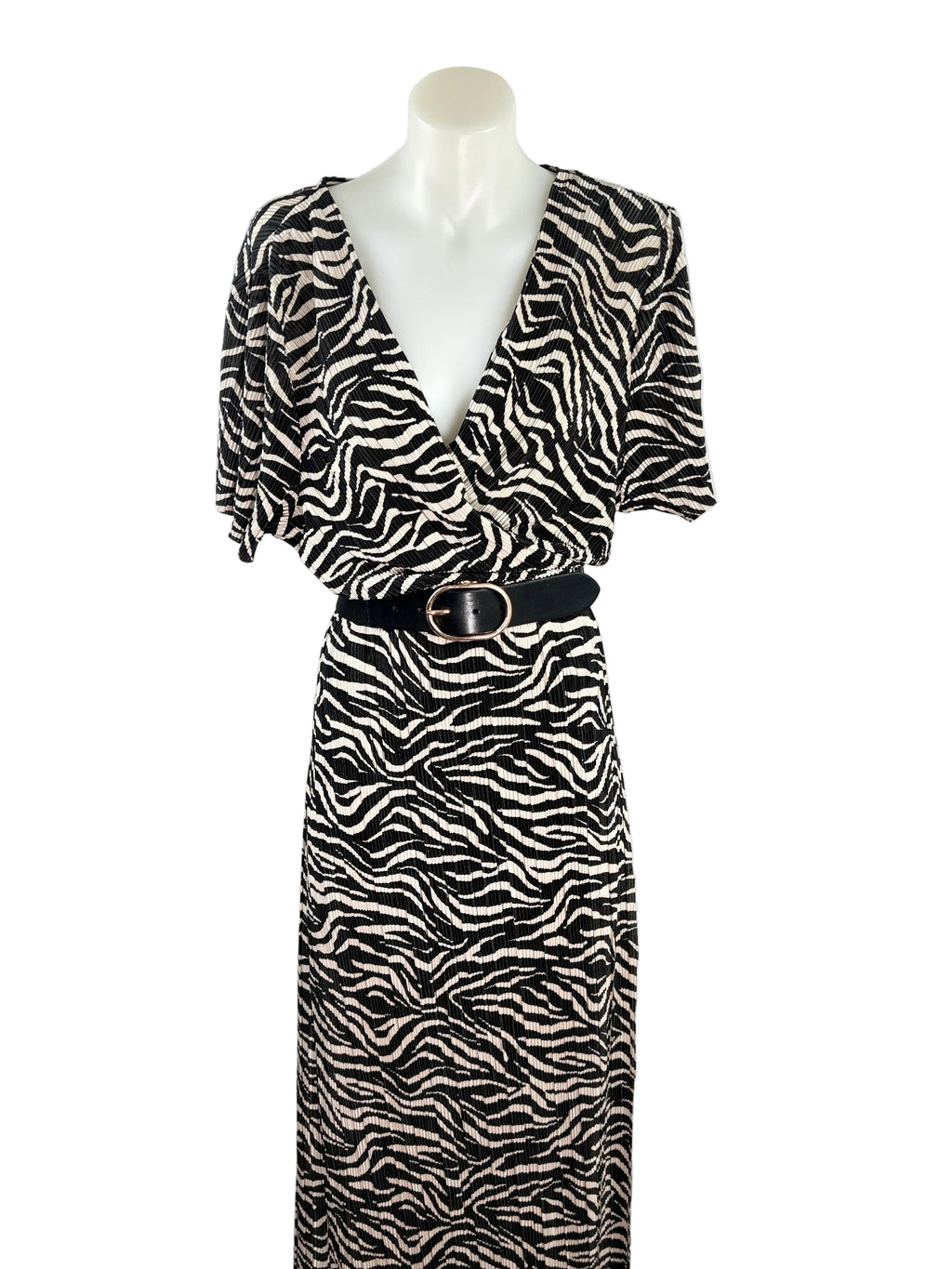 Sportsgirl Zebra Print Plissé Wrap Dress in black & caramel – view 2 of 6