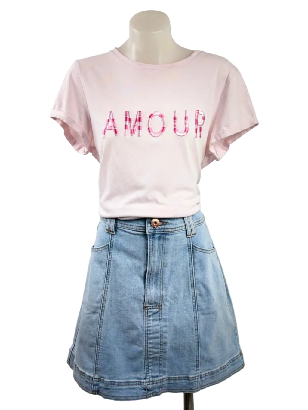 Portmans "Amour" Embroidered Tee — Blush Pink - Size S