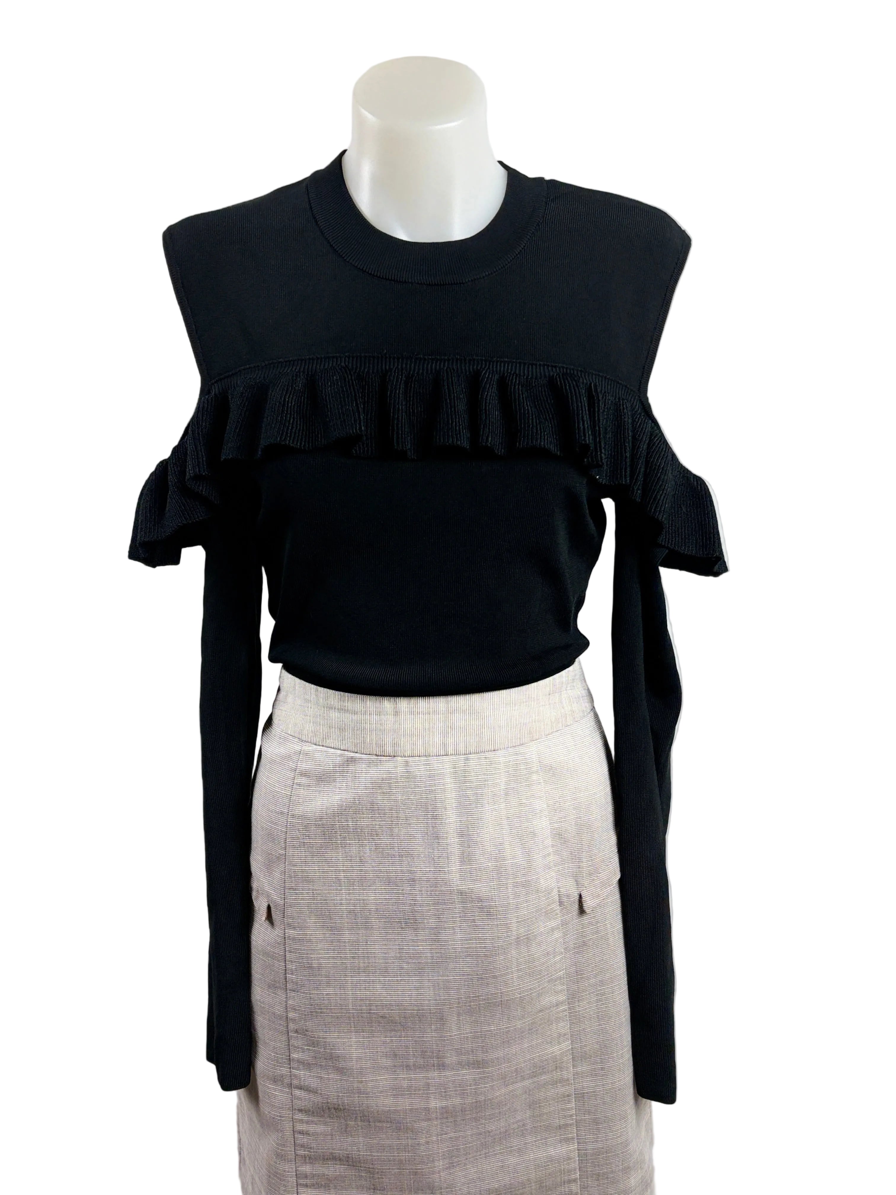 Seed Heritage | Ruffle-Trim Cold-Shoulder Knit Top | Black | Size M