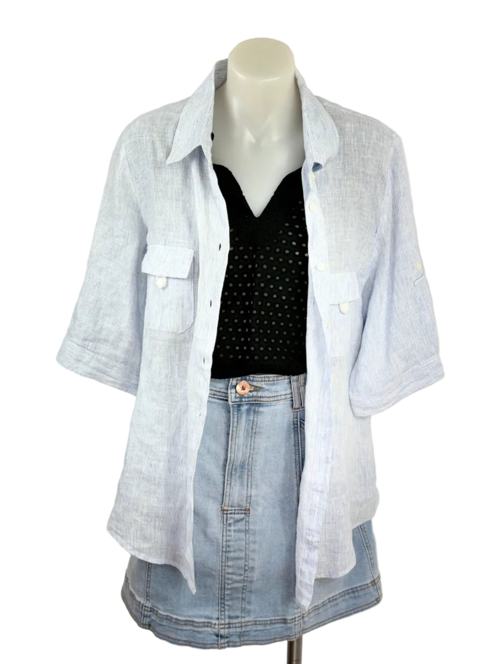 Aero | Pinstripe Linen-Blend Oversized Shirt | Blue & White | Size 12