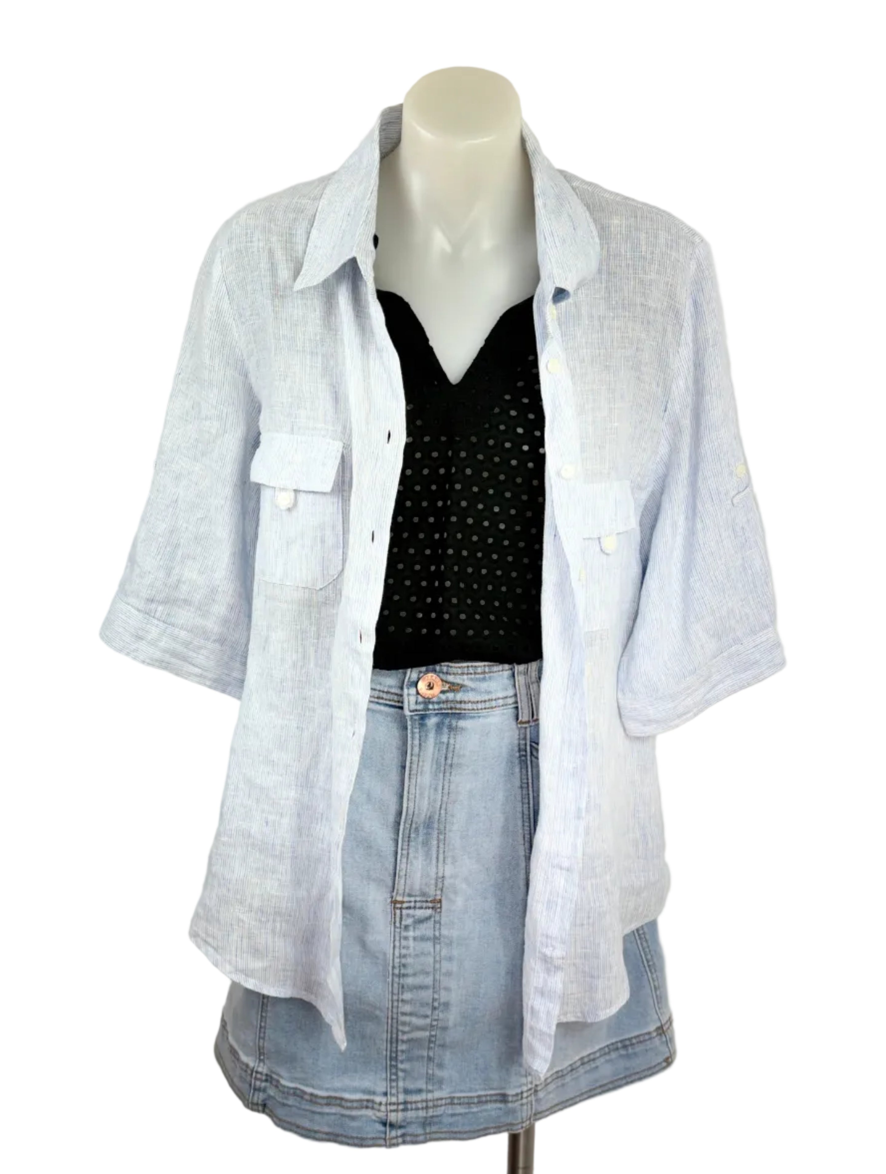 Aero | Pinstripe Linen-Blend Oversized Shirt | Blue & White | Size 12