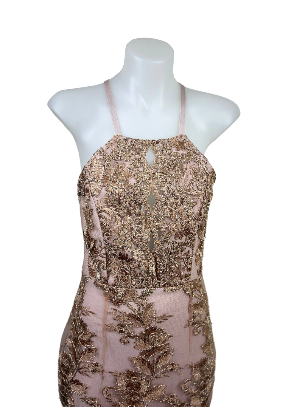 BCBG Max Azria | Metallic Floral Embroidered Lace Sheath Dress | Blush & Gold | Size S
