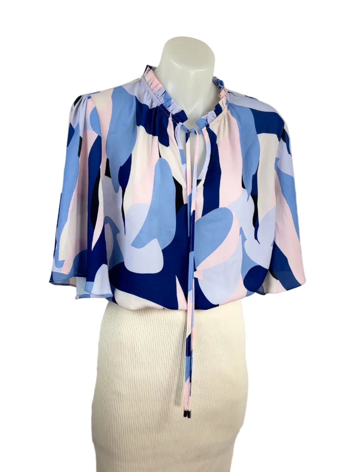 Portmans | Abstract Print Blouse | Navy, Blush & Powder Blue | Size 14