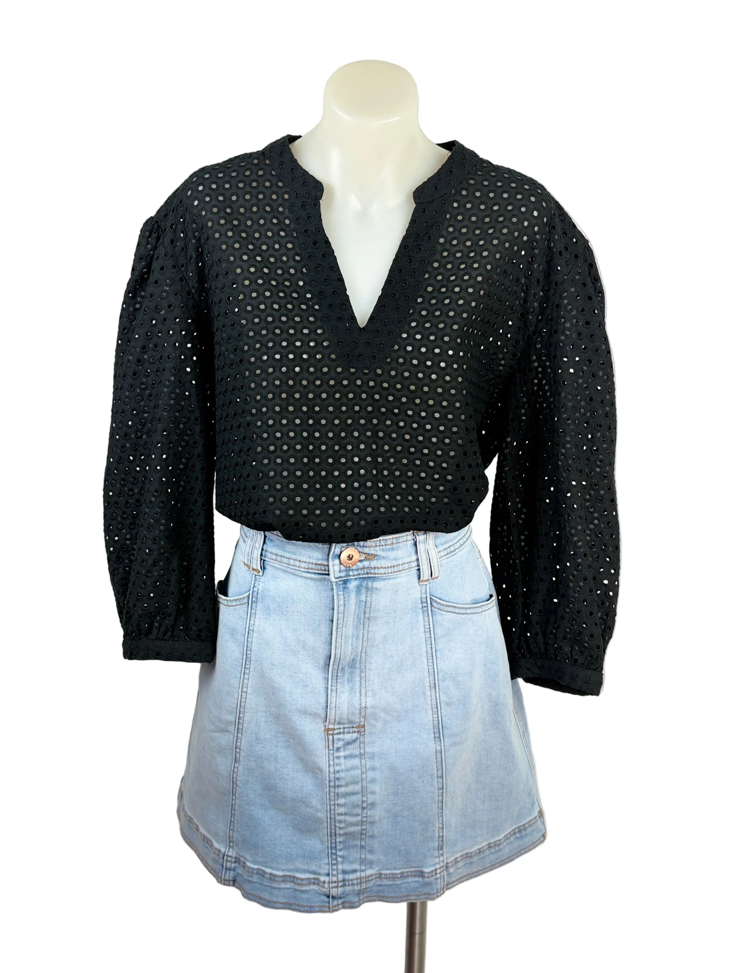 Seed | Broderie Anglaise Popover Top | Black | Size 12