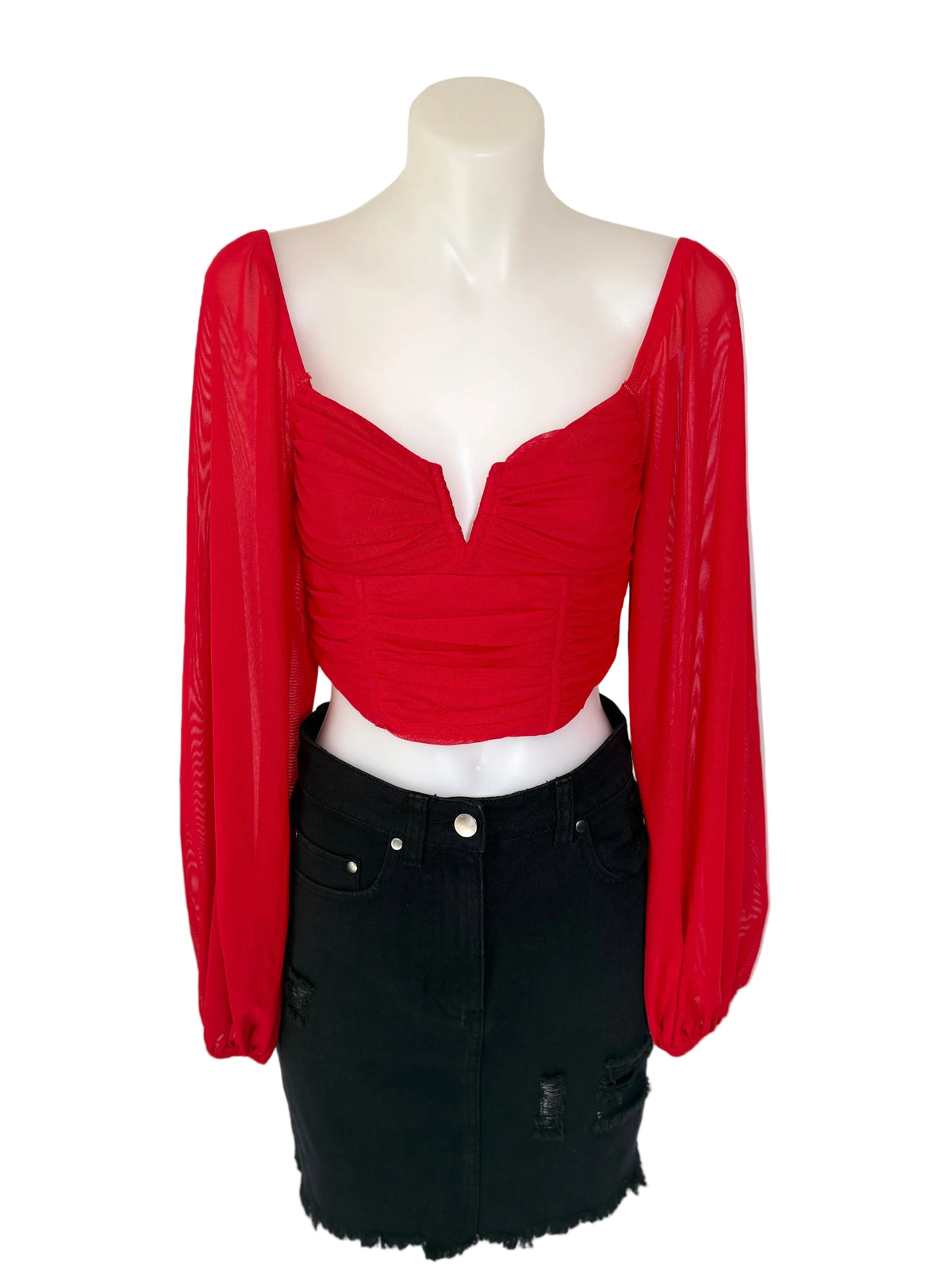 Ruby Sees Ruched Mesh Sweetheart Crop Structured Top, size 8 – preloved at Second Signature
