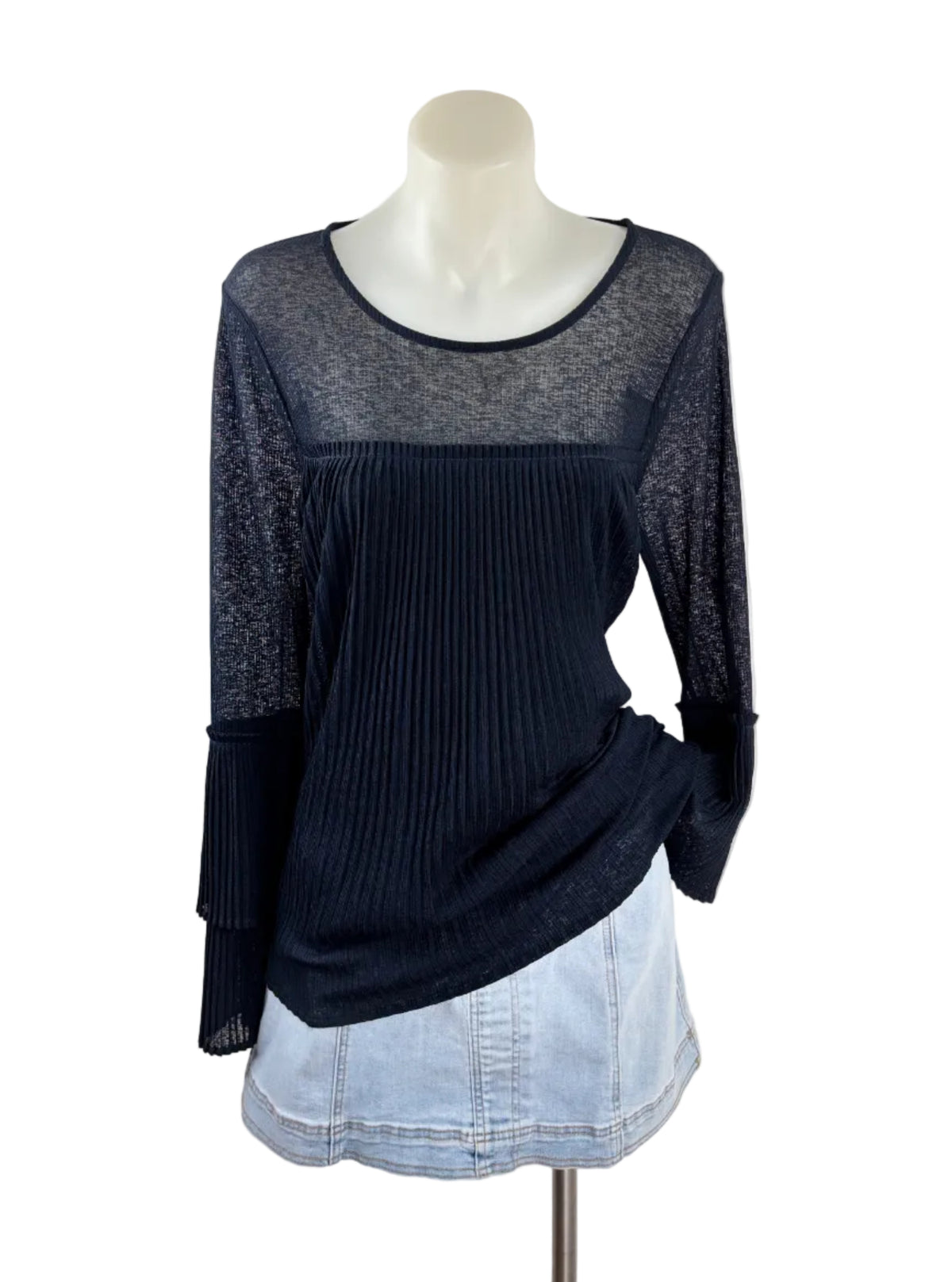 Witchery Pleated Sheer-Yoke Blouse in navy – view 2 of 6