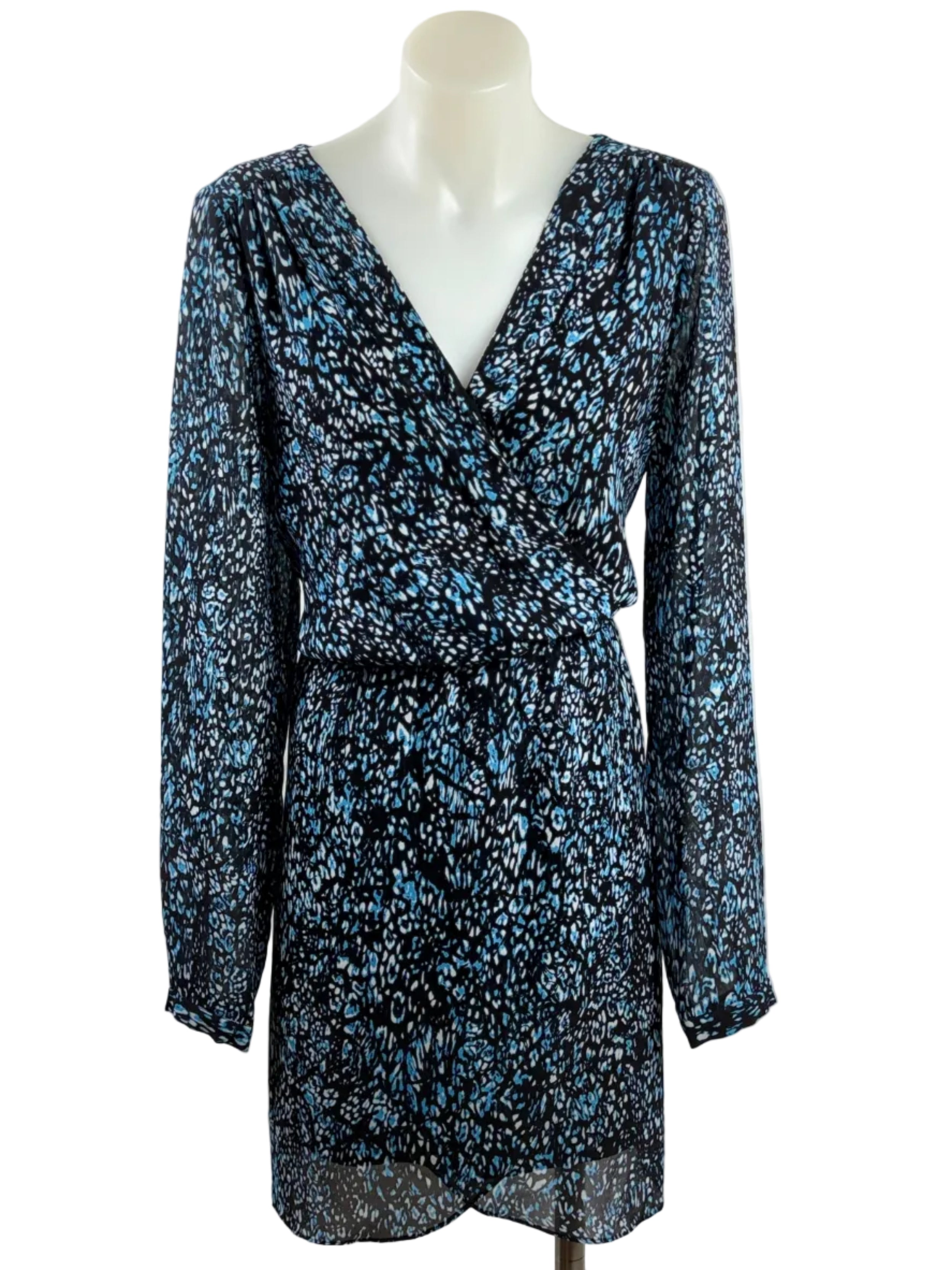 Portmans | Wrap-Style Long Sleeve Mini Dress | Blue Animal Print | Size 10