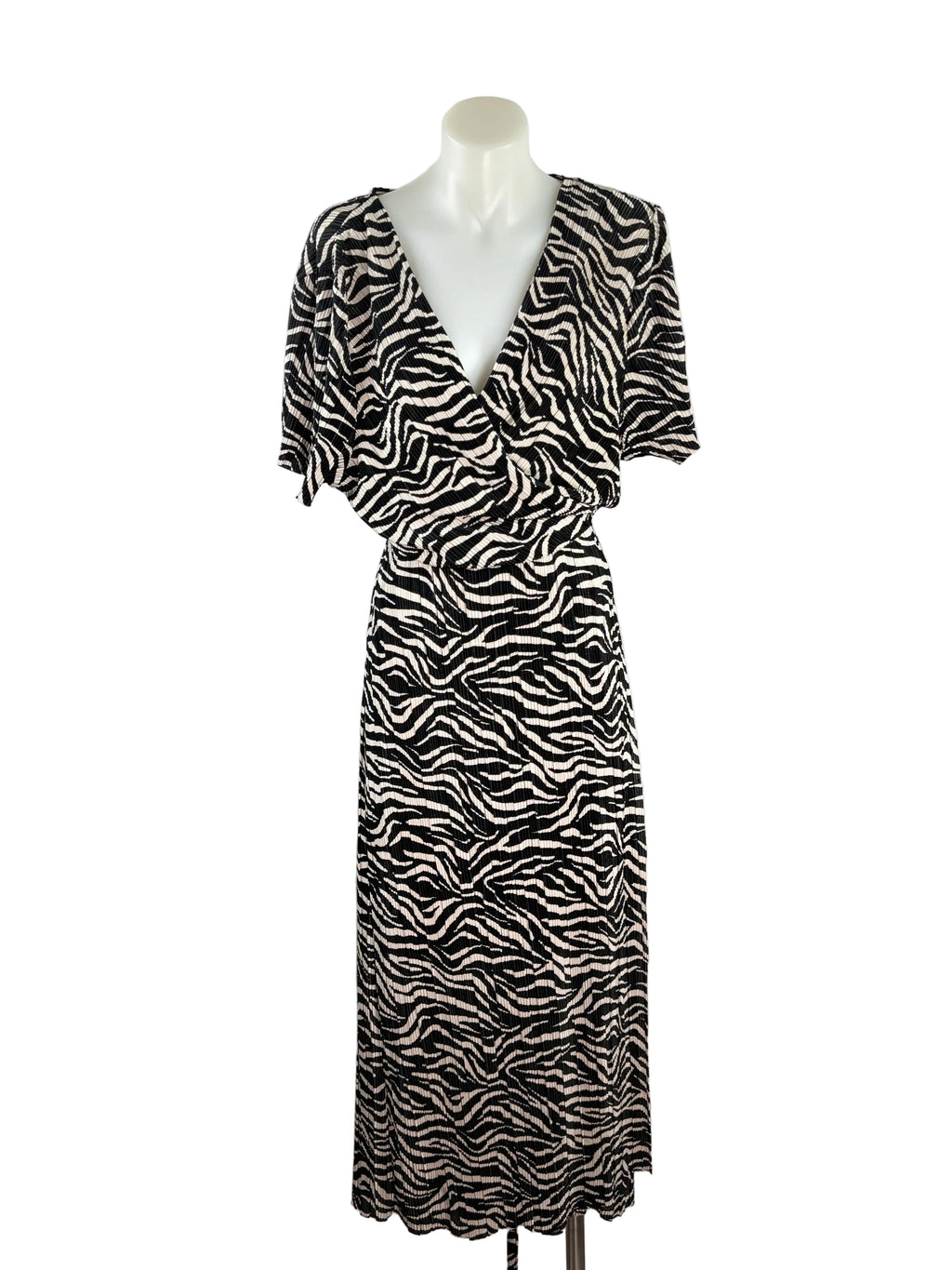 Sportsgirl Zebra Print Plissé Wrap Dress in black & caramel, size XL – preloved at Second Signature