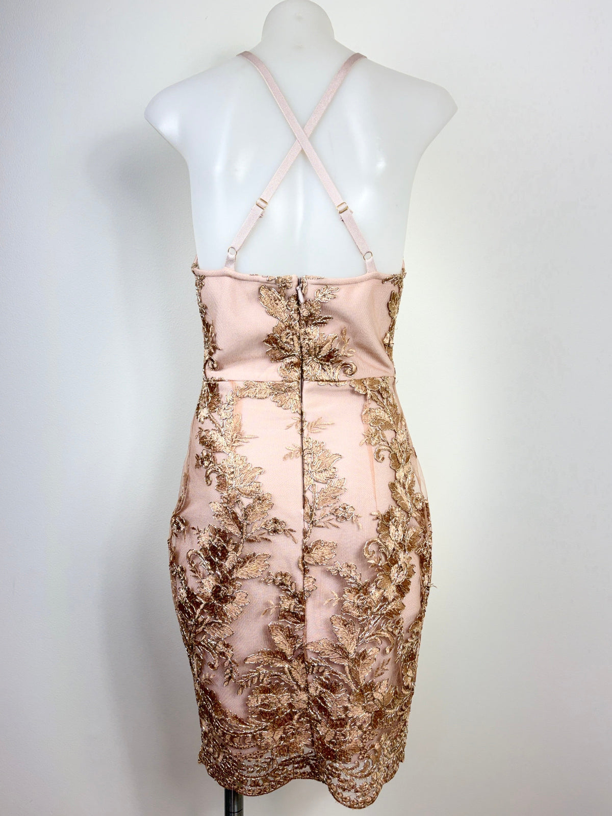 BCBG Max Azria | Metallic Floral Embroidered Lace Sheath Dress | Blush & Gold | Size S