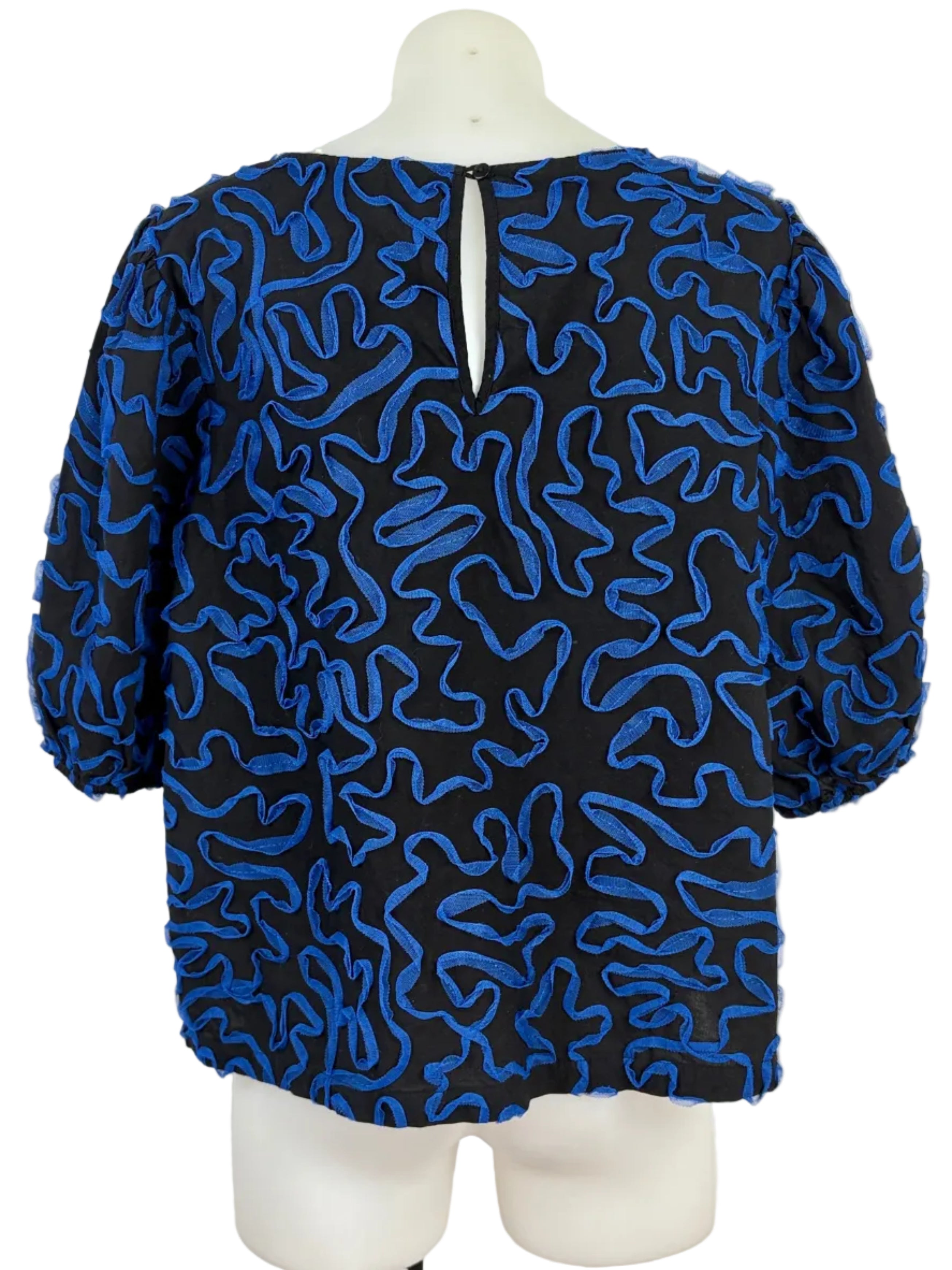 Gorman | Tulle Ribbon-Appliqué Puff Sleeve Top | Black & Cobalt | Size 10